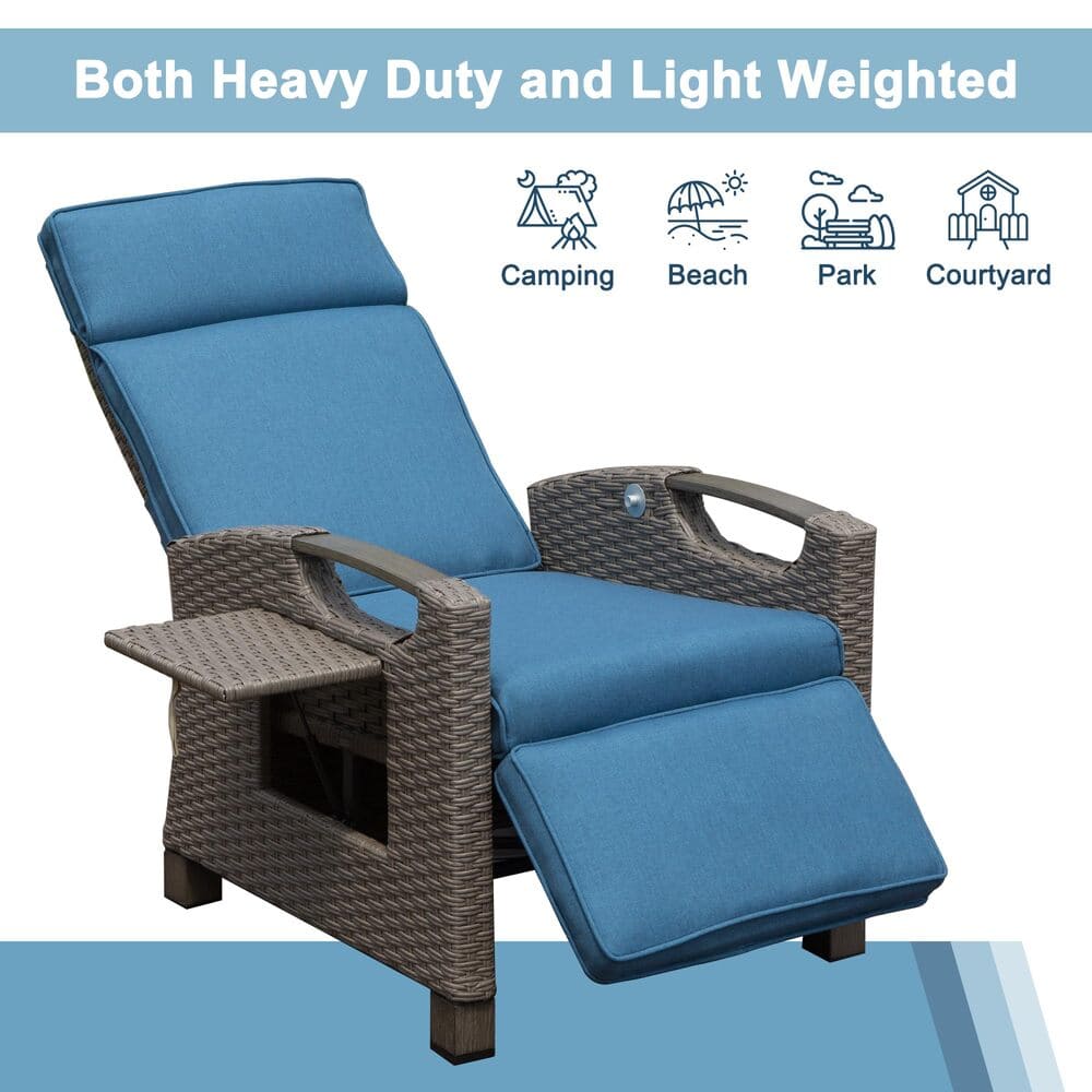 Outdoor Recliner Chair, Patio Recliner with Hand-Woven Wicker, Flip Table Push Back, Adjustable Angle, Thickness Cushions