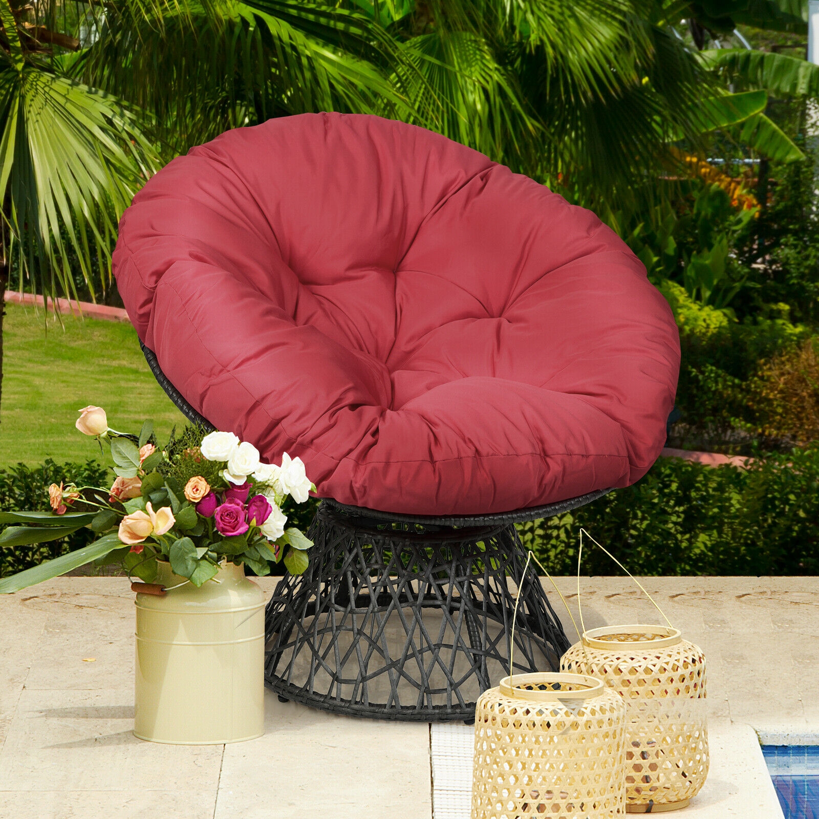Mondawe Rattan Papasan Chair Ergonomic 360-degree Swivel Soft Cushion Garden-Mondawe