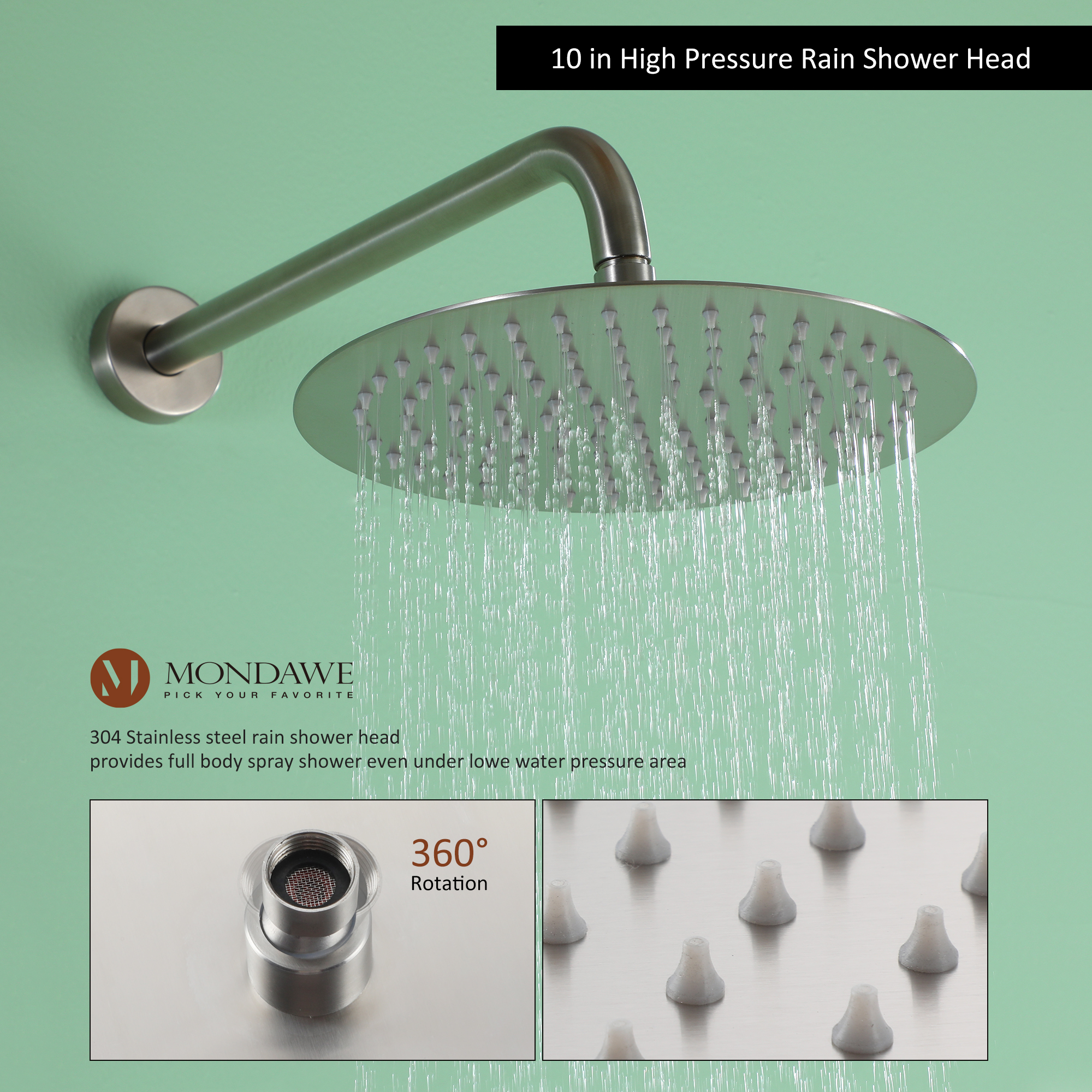Mondawe Three function Pressure Balance Shower Set with 10 in Round Shower Head(5 color, Valve Included)-Mondawe