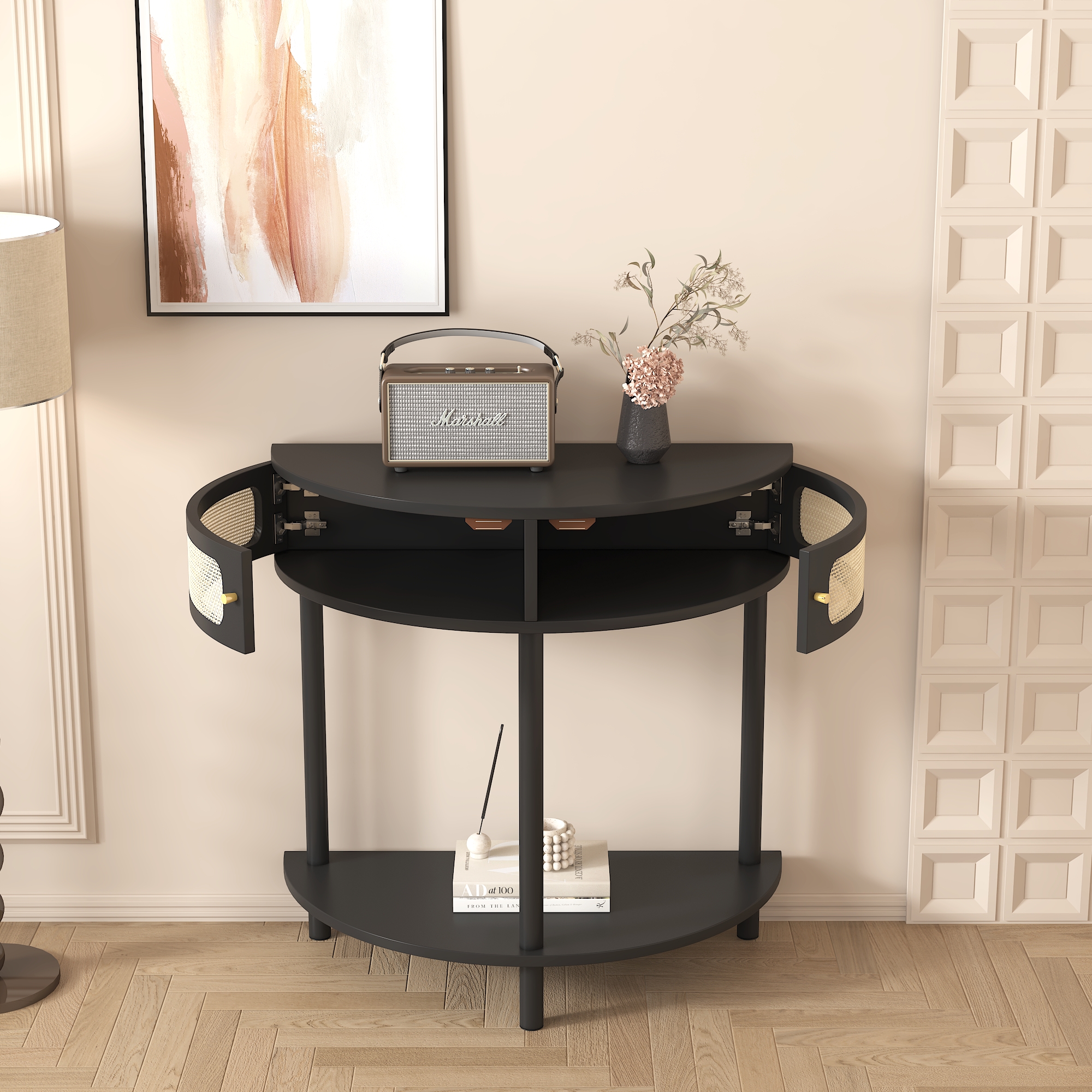 Unique Half Moon Design End Table with Sliding Rattan Door,Elegant Semi-circle Entryway Console Table with 2 Rattan Storage Cabinet and Bottom Shelf for Living room, Bedroom, Study, Hallway 