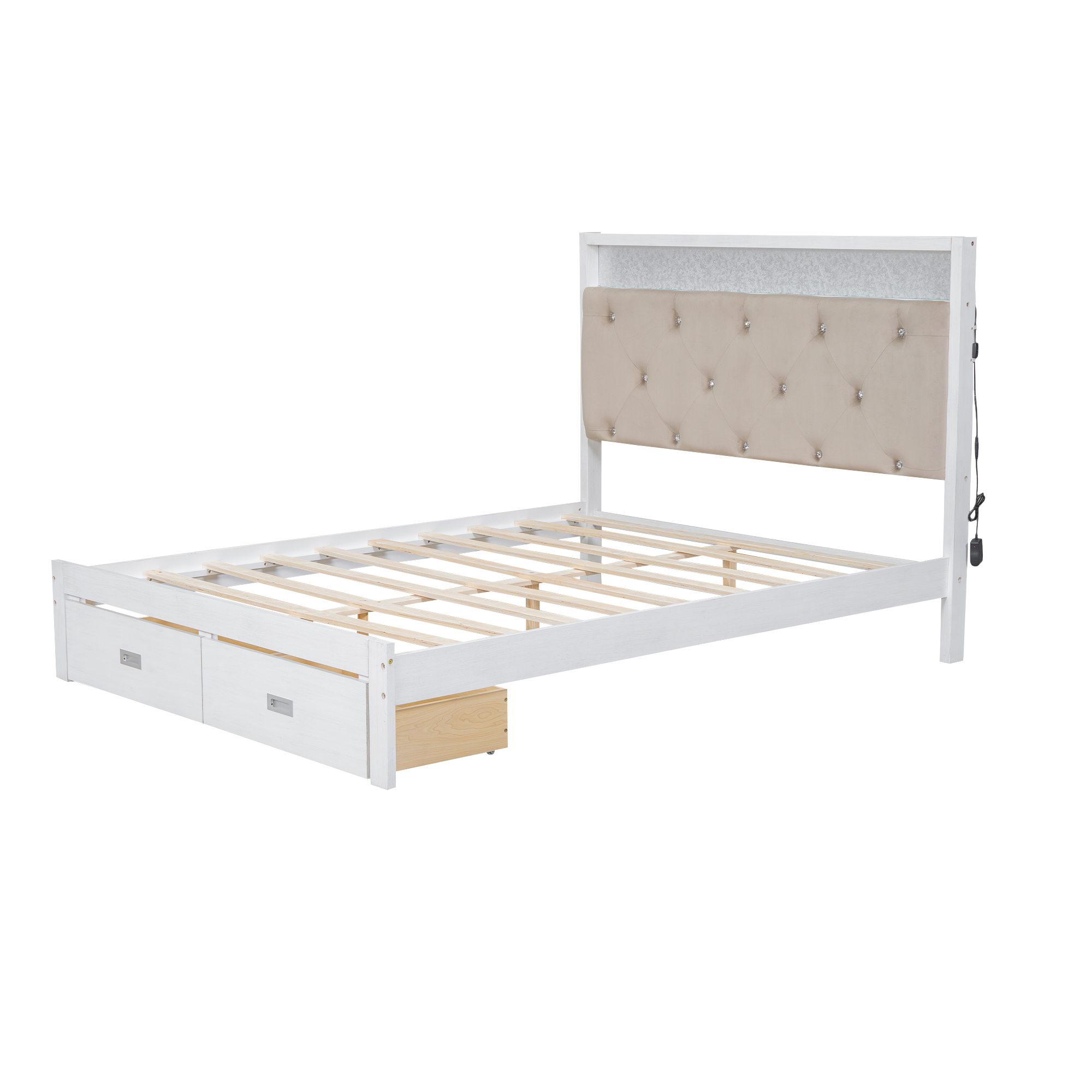 Wood Queen/Full Size Platform Bed with Upholstered Headboard and LED and 2 Drawers, Antique White 