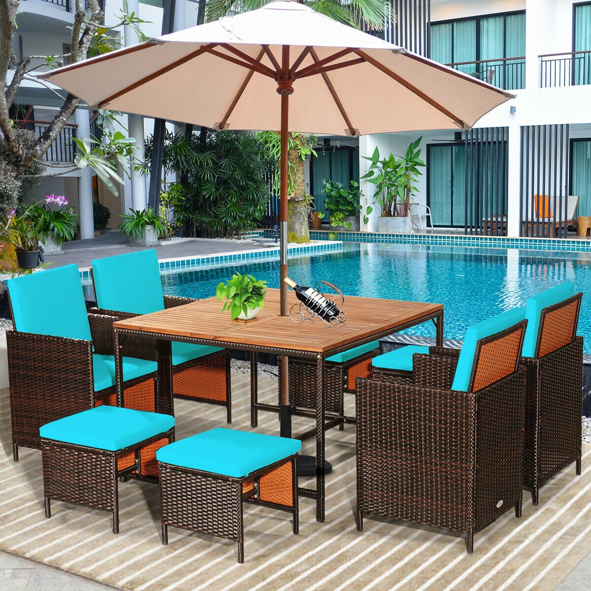 Mondawe 9PCS Patio Rattan Dining Cushioned Chairs Set-Turquoise-Mondawe