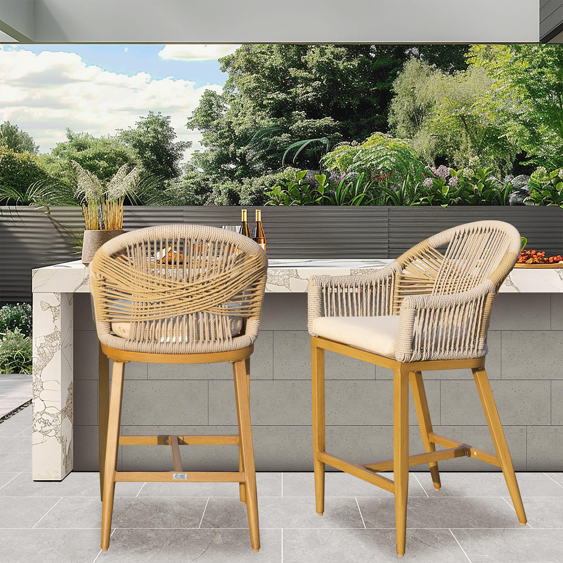 Bar Stools Set of 2, Outdoor Counter Height Bar Chairs with Arm and Backrest, Aluminum Tall Bar stools with Cushion Modern Textilene Rope Boho Barstools for Garden, Pool, Patio, Kitchen-Square Backres/Rounded Backre