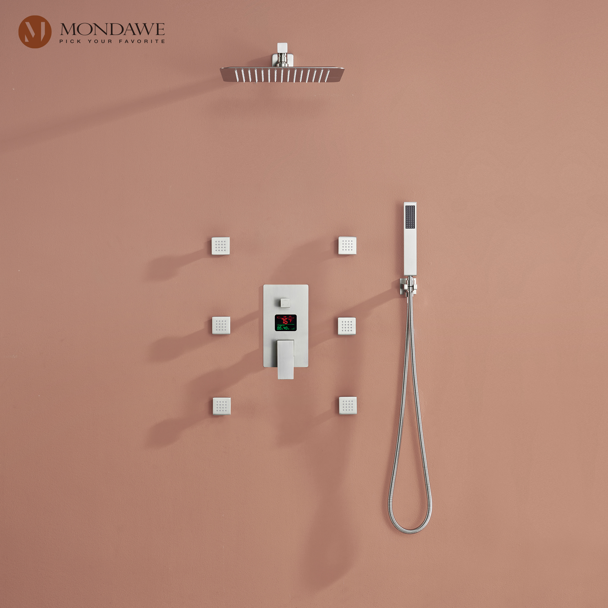 Mondawe Wall Mount Pressure Balanced Rain Shower Head System with Body Sprayers Handheld Shower and Digital Display-Mondawe