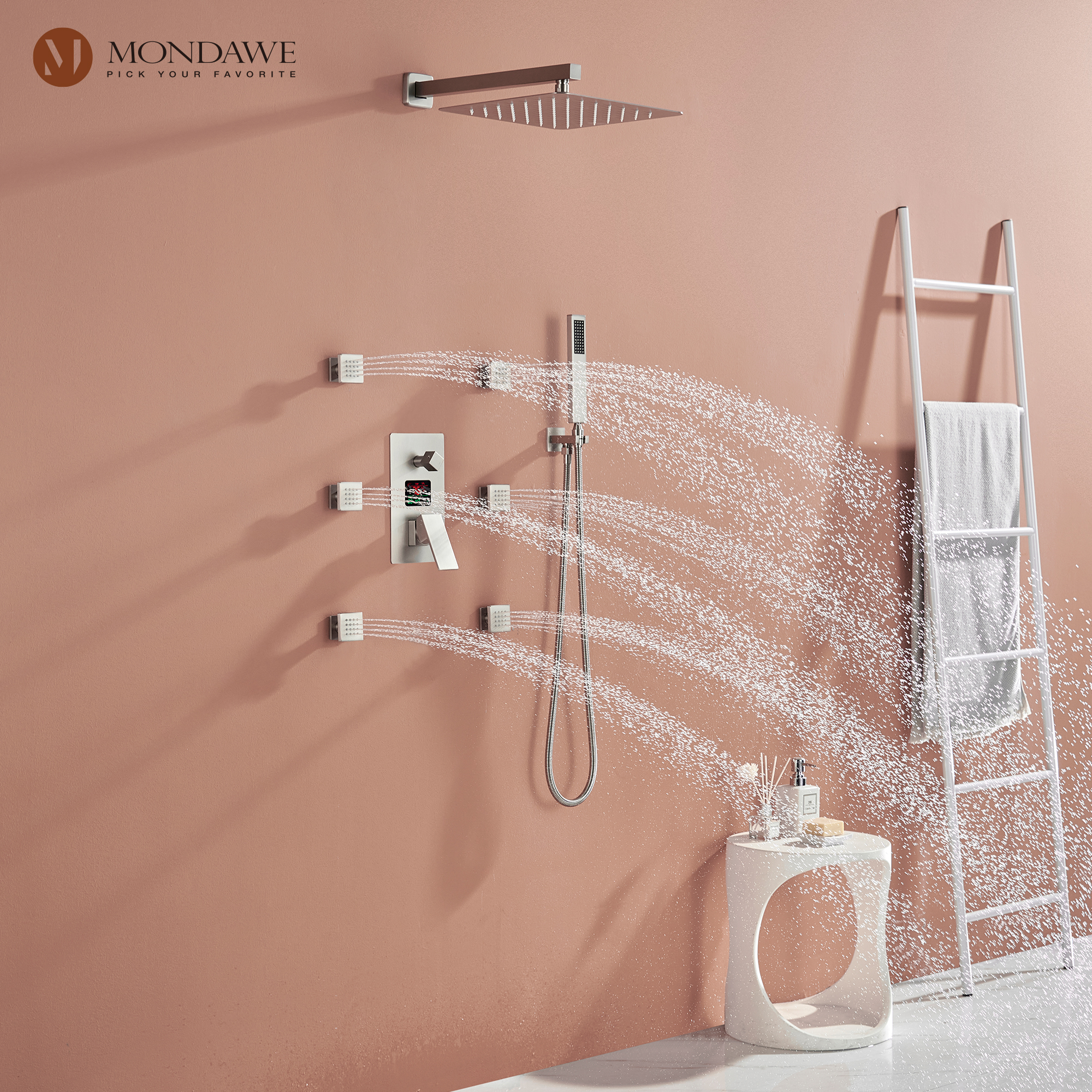 Mondawe Wall Mount Pressure Balanced Rain Shower Head System with Body Sprayers Handheld Shower and Digital Display-Mondawe