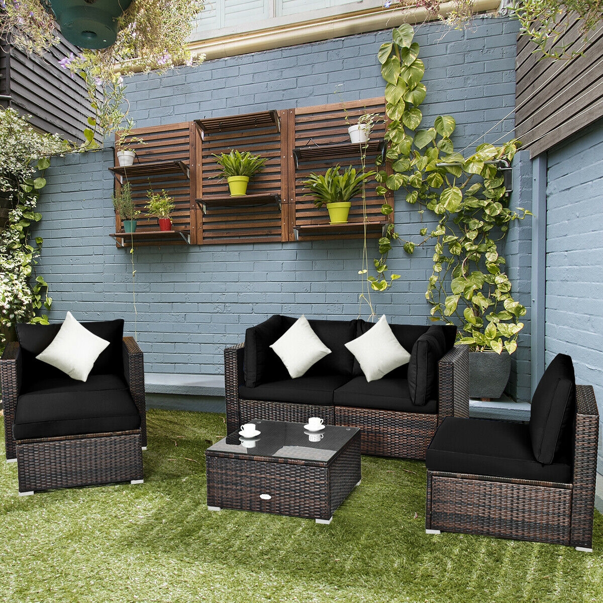 Mondawe 6 Pcs Patio Rattan Furniture Set with Sectional Cushion-Black-Mondawe
