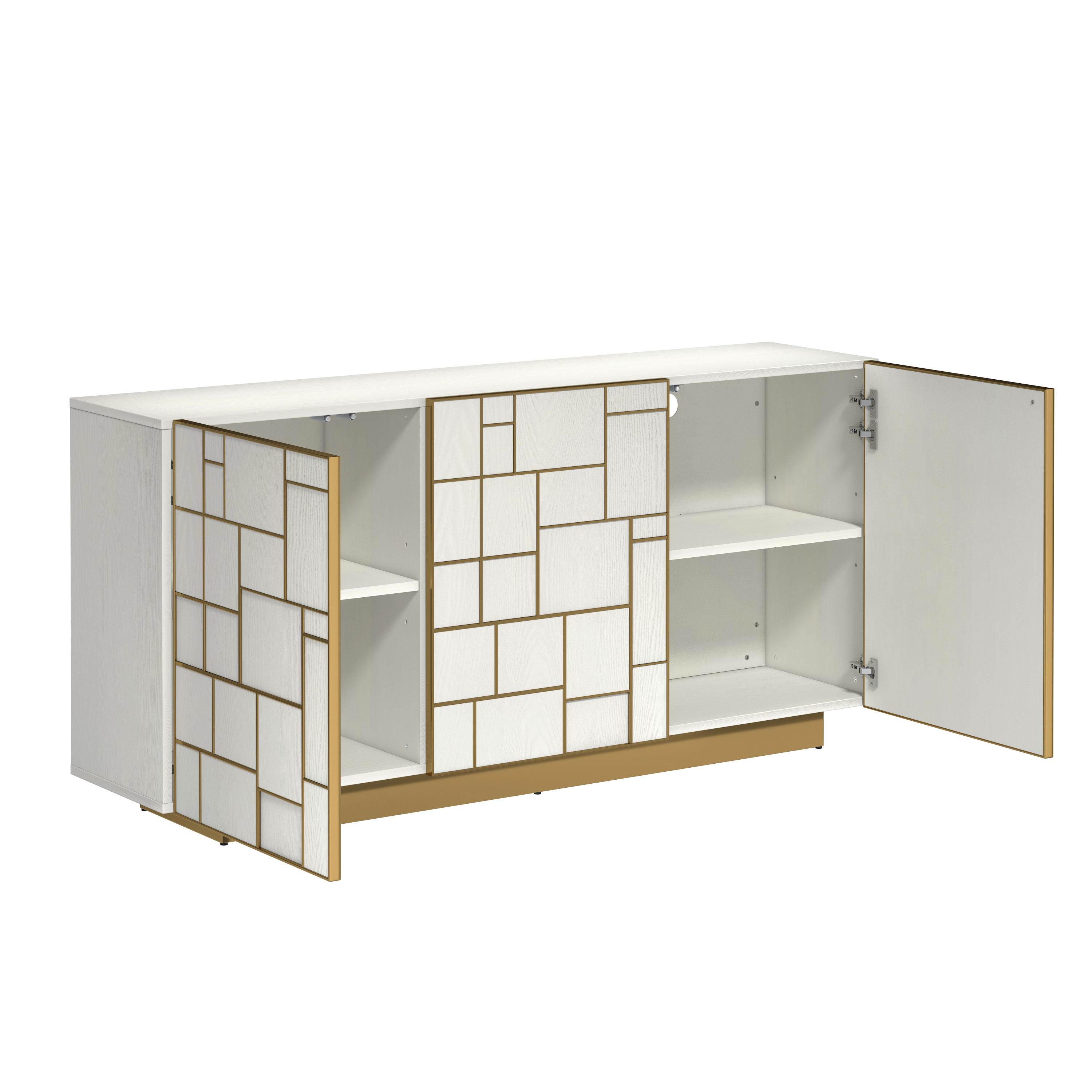 White MDF 70.87 in. Buffet Sideboard Dining Table Metal 3 Door Storage Cabinet