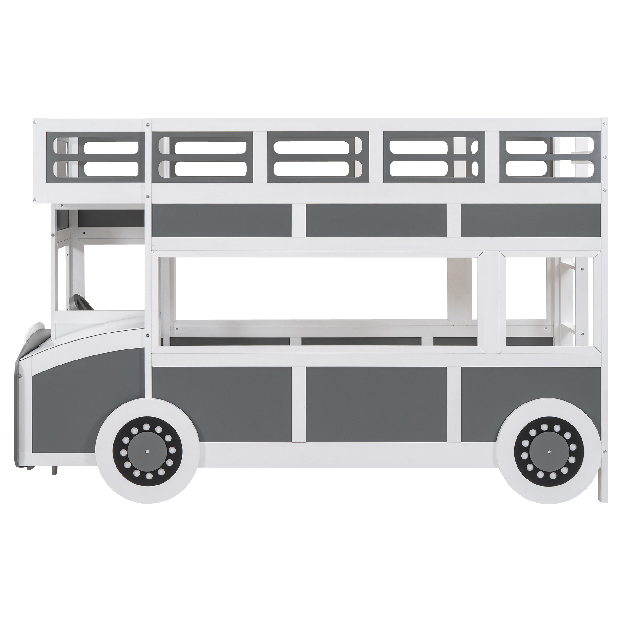 Twin over Twin Bus-shaped Bunk Bed with Wheels and Storage, Gray+White 