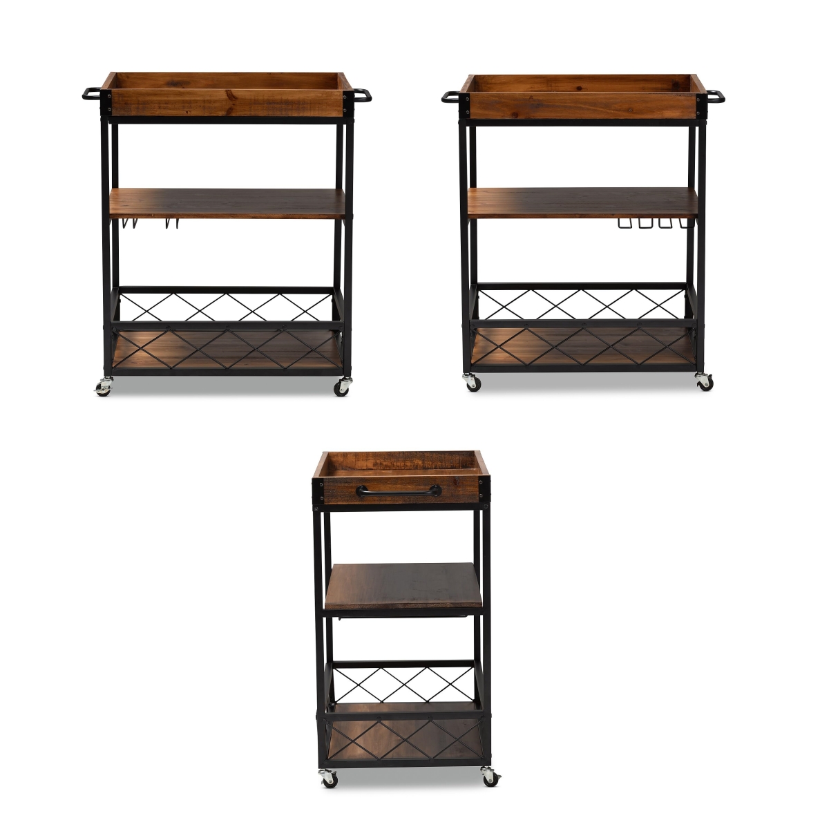 32.6'' Tall Industrial Style Rolling Kitchen Island Wine Cart with Black Finished, Fir Wood Mobile Metal Wine Bar Cart with Glass Rack, Oak Brown 