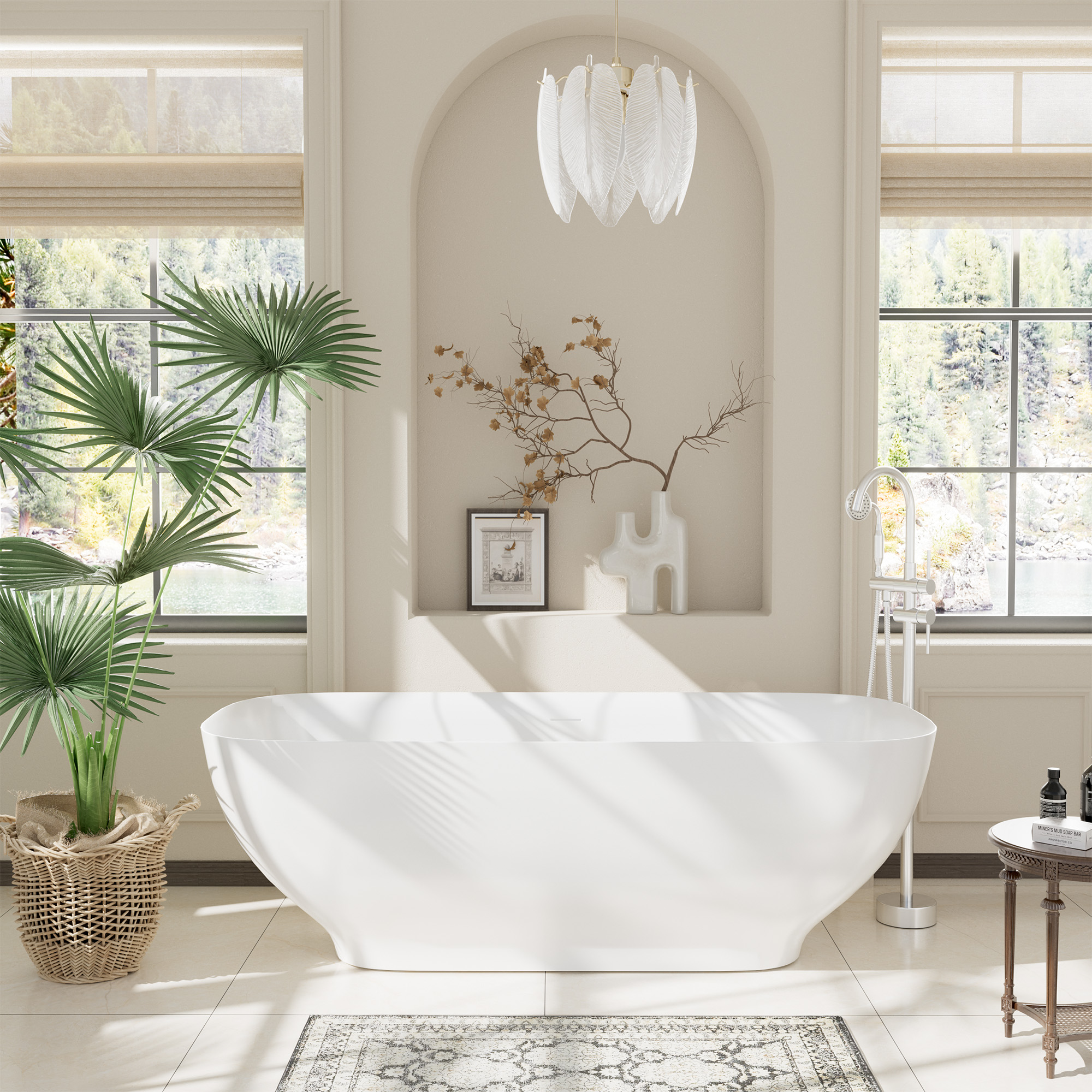 Matte white 67-inch artificial stone freestanding bathtub, can match any decoration style