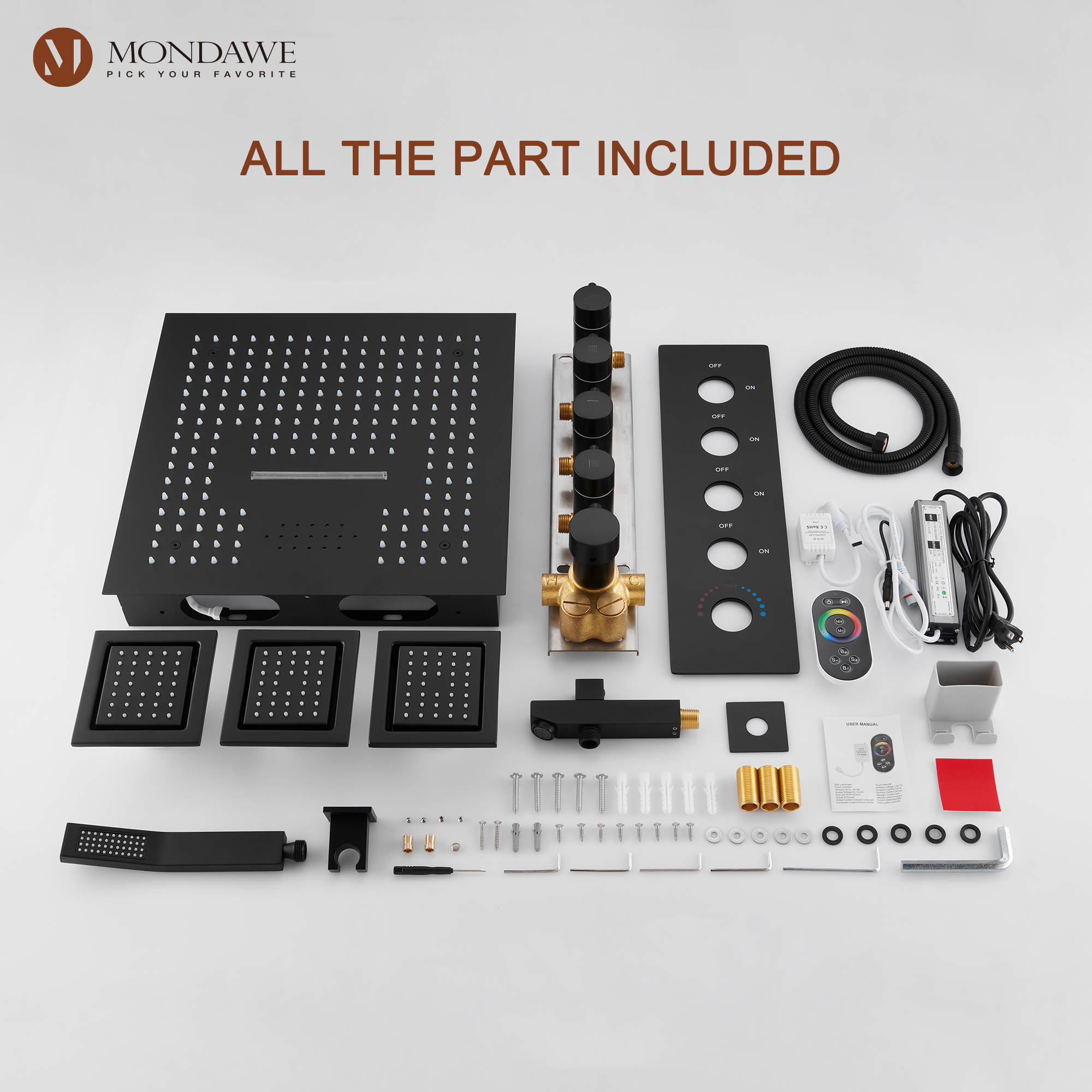 MB-Mondawe 4-Way Shower System with LED and Music Player in Black/Nickel/Gold-Mondawe