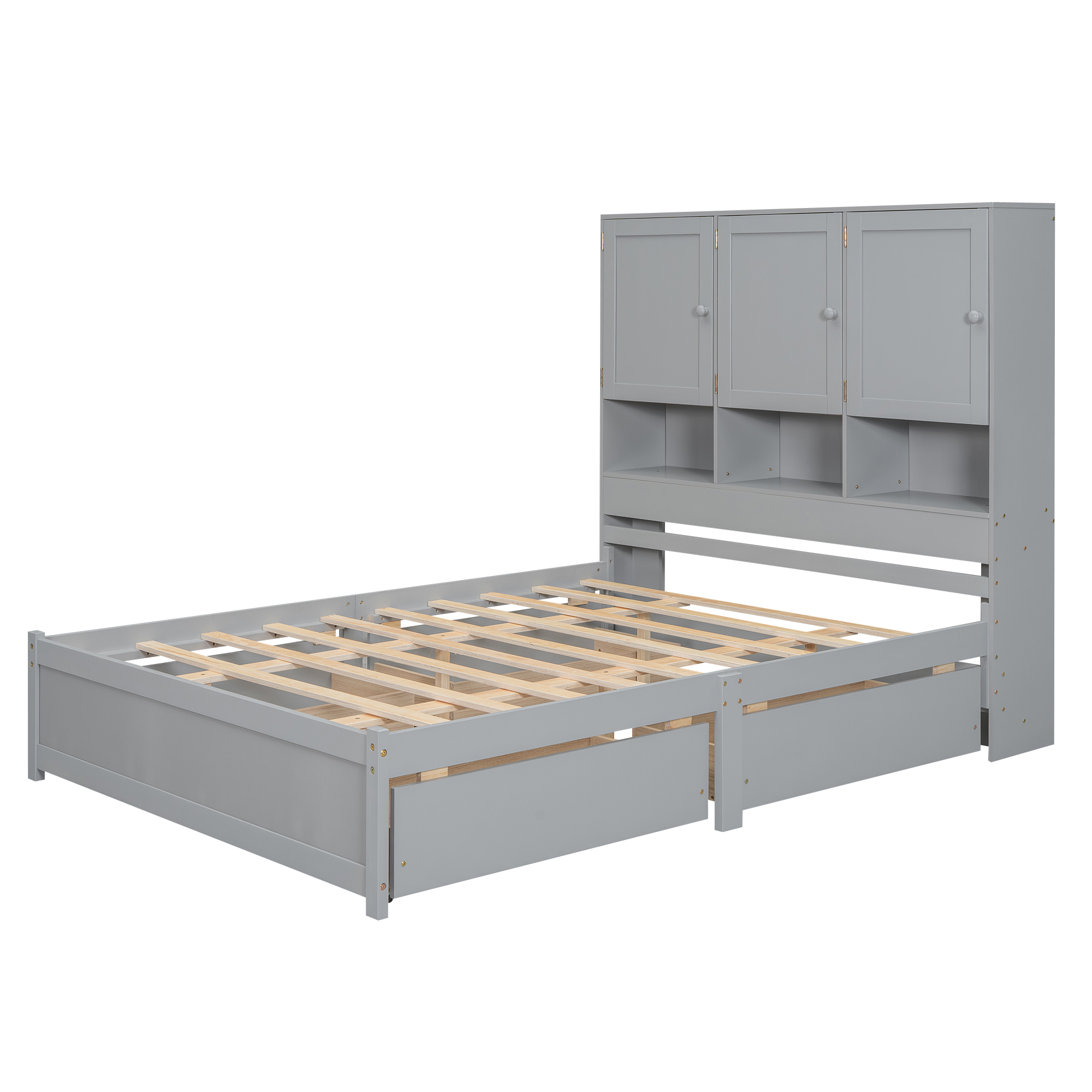 Full/Queen Size Platform Bed with Storage Headboard and 4 Drawers, Gray/White