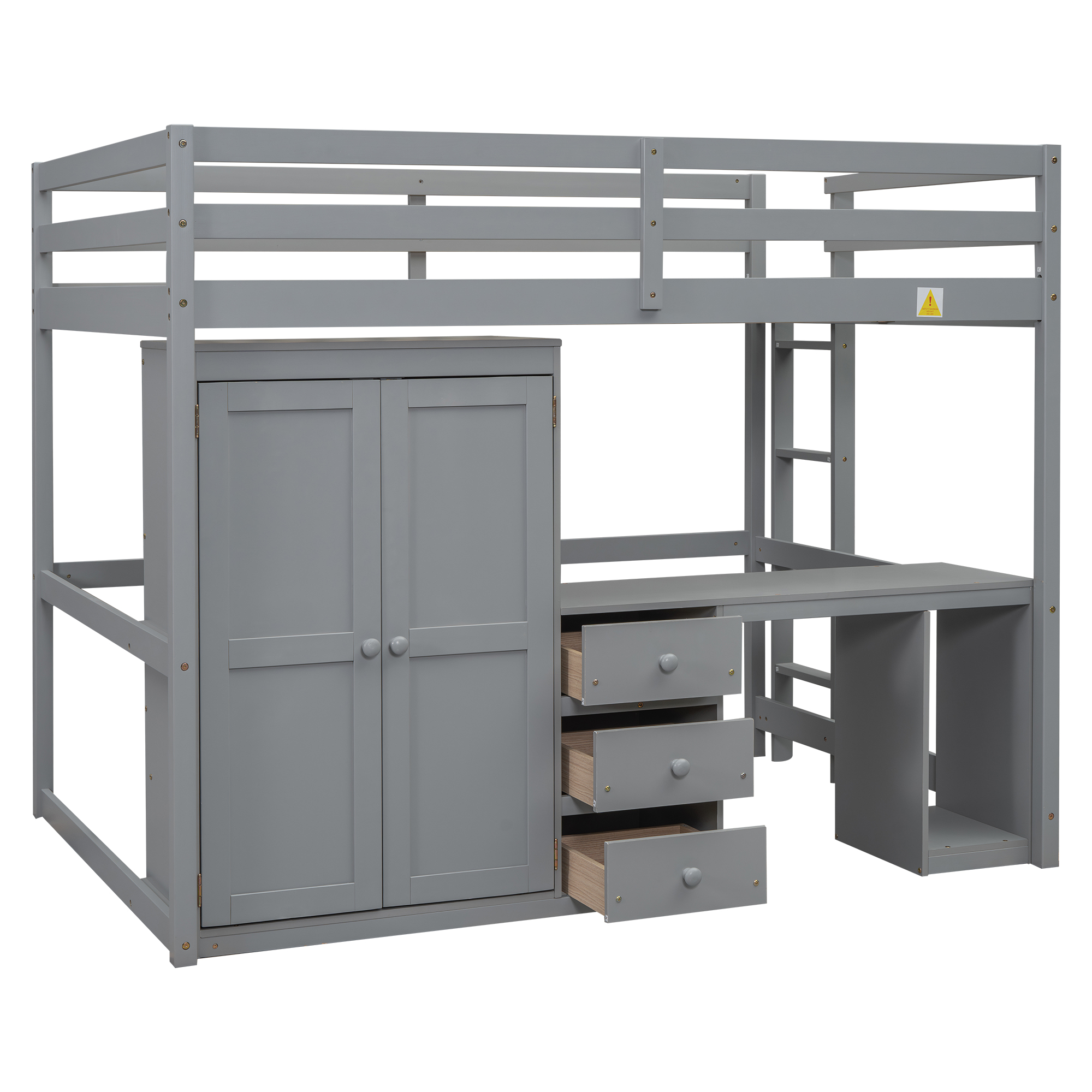 Full/Twin Size Loft Bed with Wardrobe, Desk and Storage Drawers, Gray/White