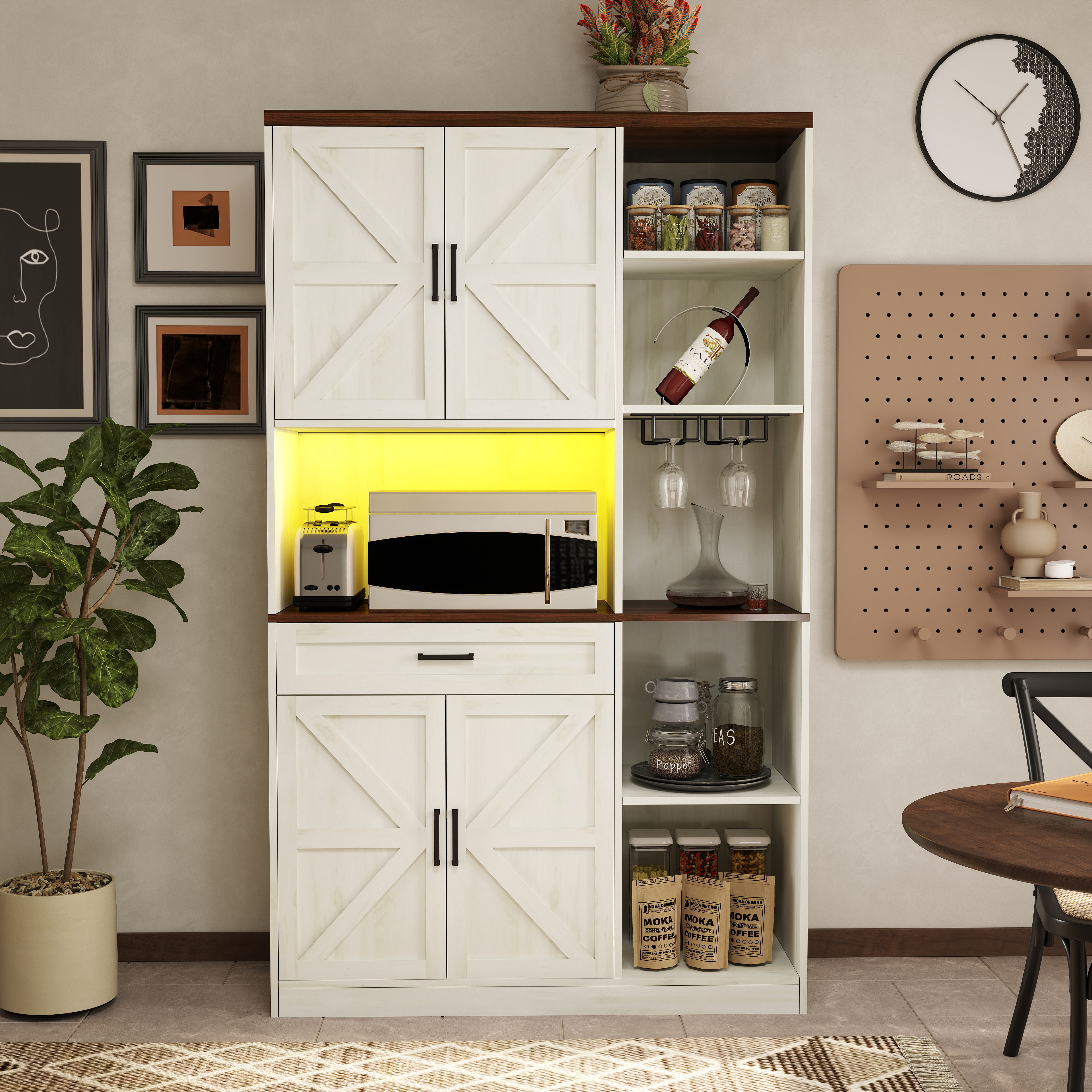 70.87'' Multifunctional Farmhouse Kitchen Pantry Sideboard with Cabinet and Drawer, Kitchen Buffet with Hutch and Glass Holder, Microwave Stand with Charging Station for Kitchen and Dining Room 