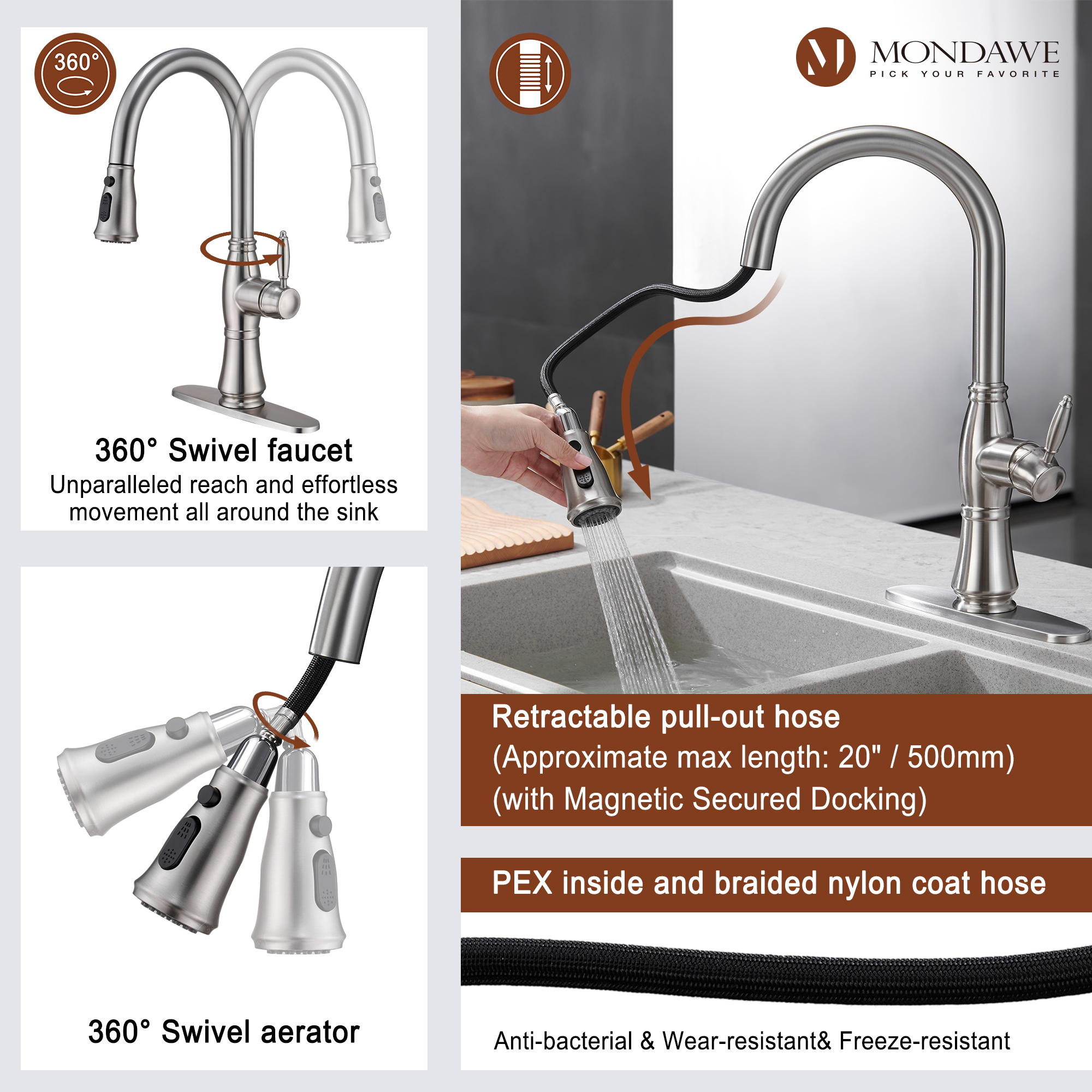 Mondawe Retro Tulip High Arc Pull Down Single Handle Deck Mount Kitchen Faucet-Mondawe