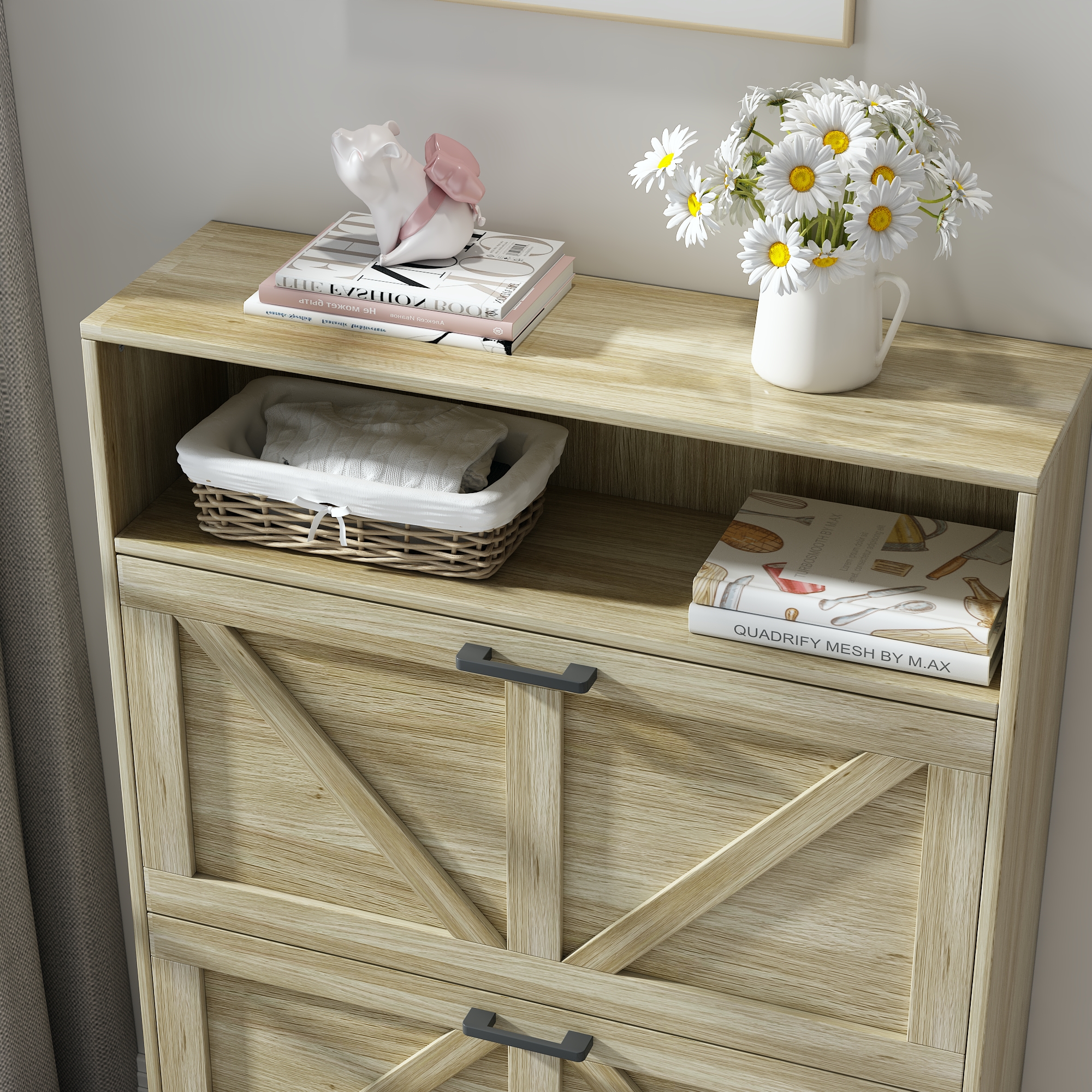Farmhouse Shoe Storage Cabinet with Barn Door Design, Shoe Organizer with 2 Flip Drawers, Freestanding Narrow Shoe Rack Cabinet with Open Storage for Entryway,Foyer,Hallway,(Antique White/Natural Wood) 