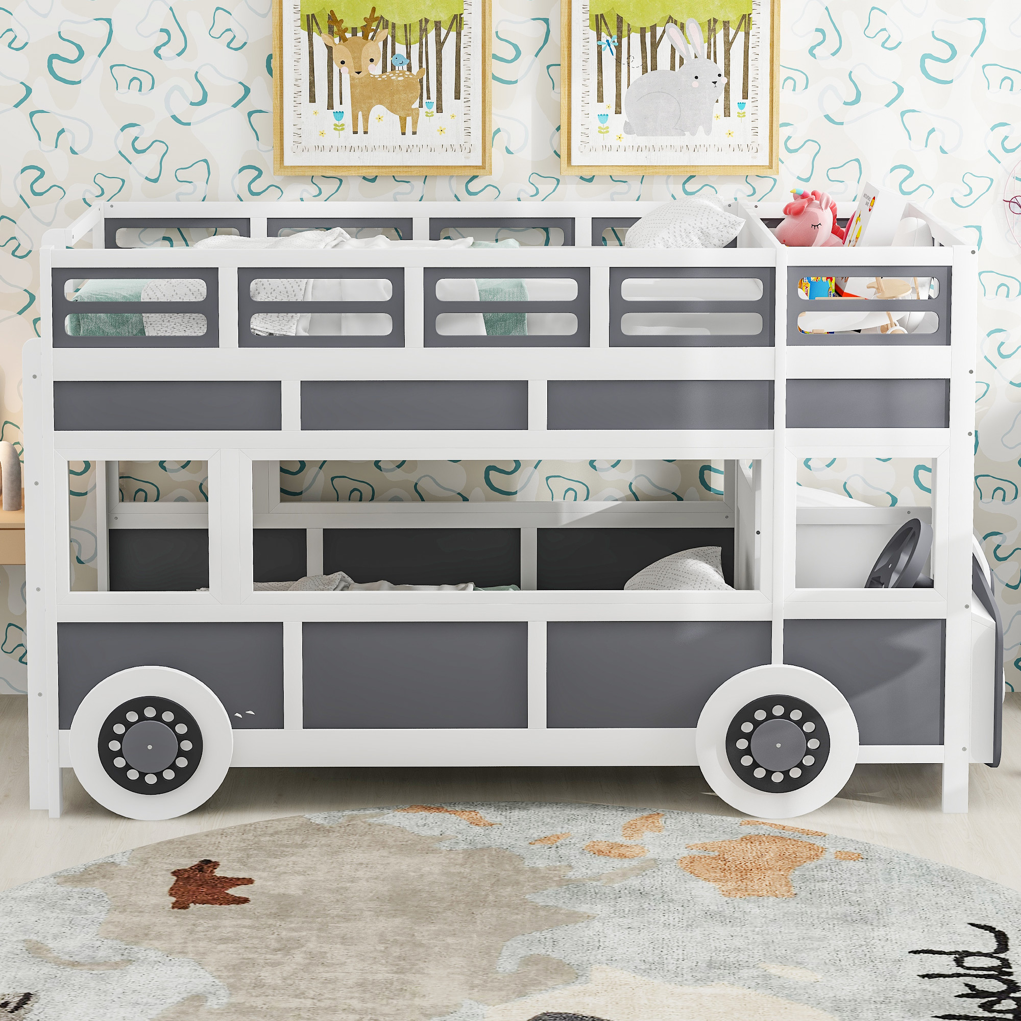 Twin over Twin Bus-shaped Bunk Bed with Wheels and Storage, Gray+White 