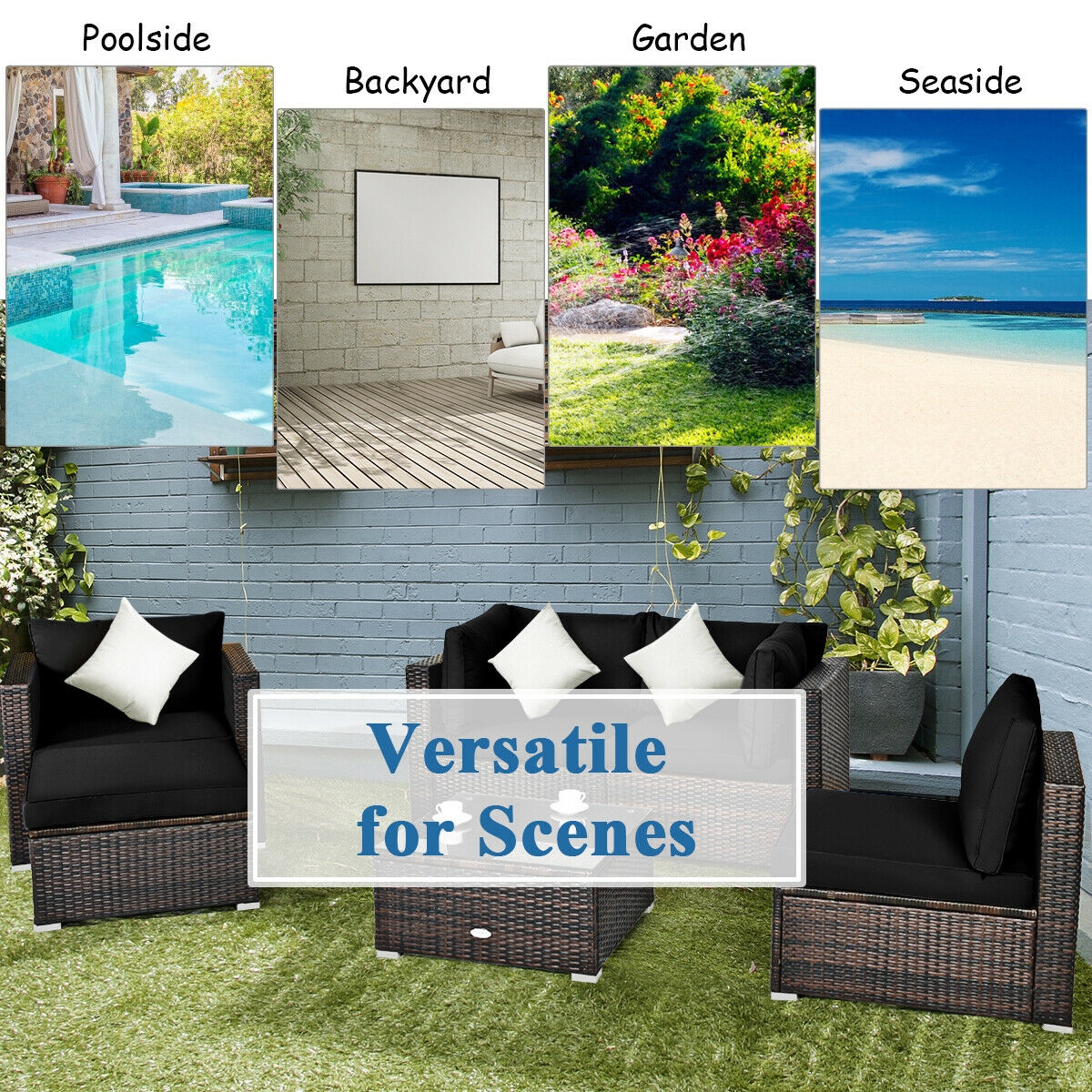 Mondawe 6 Pcs Patio Rattan Furniture Set with Sectional Cushion-Black-Mondawe