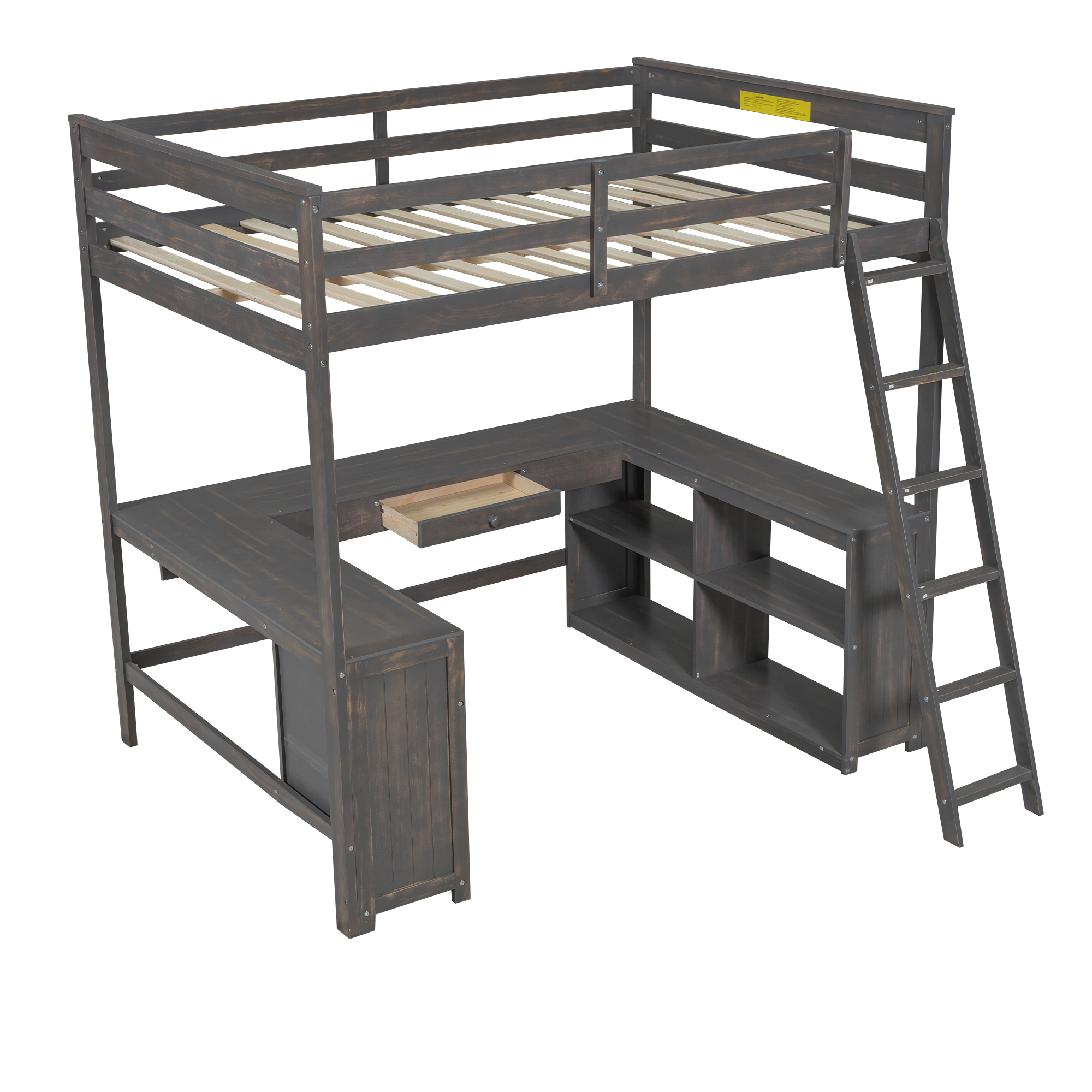 Full/Twin Size Loft Bed with U-shaped Desk, Drawers and Storage Shelves, White/Antique Brown 