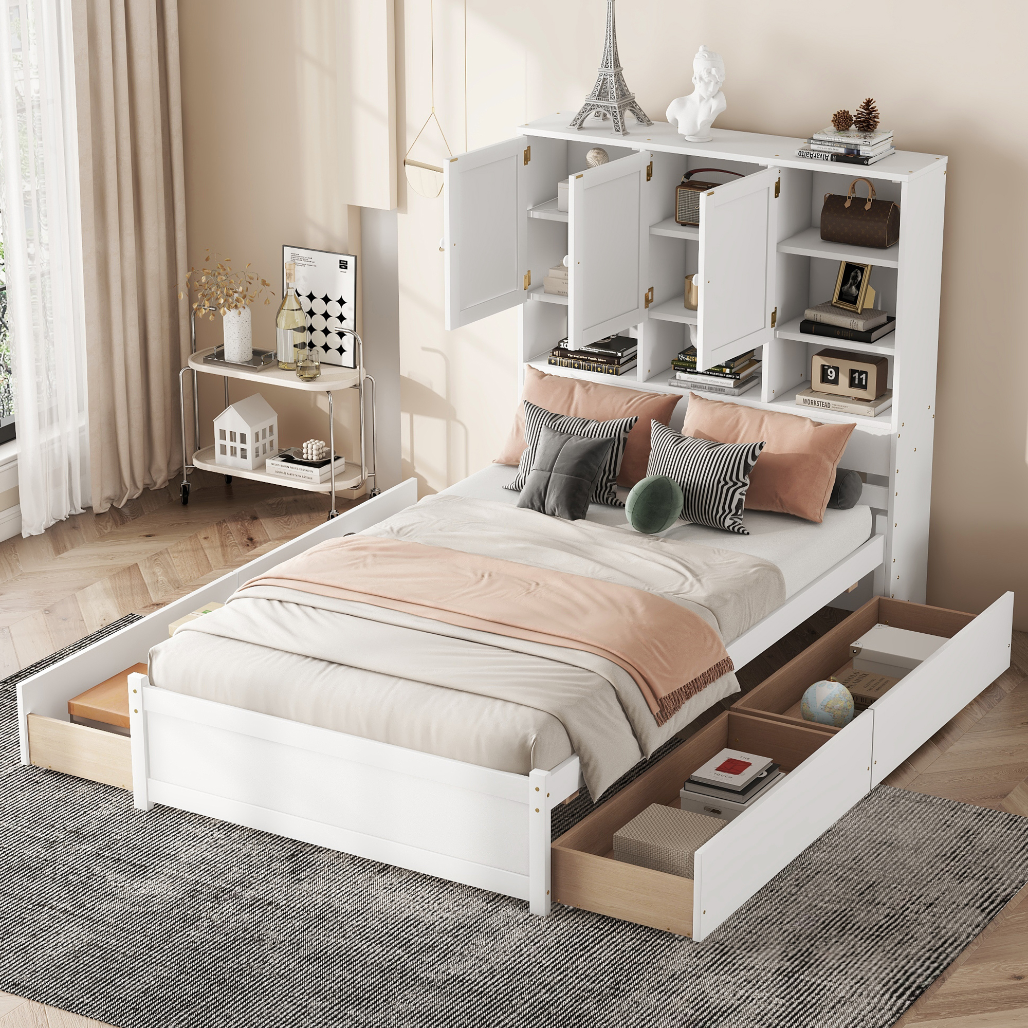 Full/Queen Size Platform Bed with Storage Headboard and 4 Drawers, Gray/White