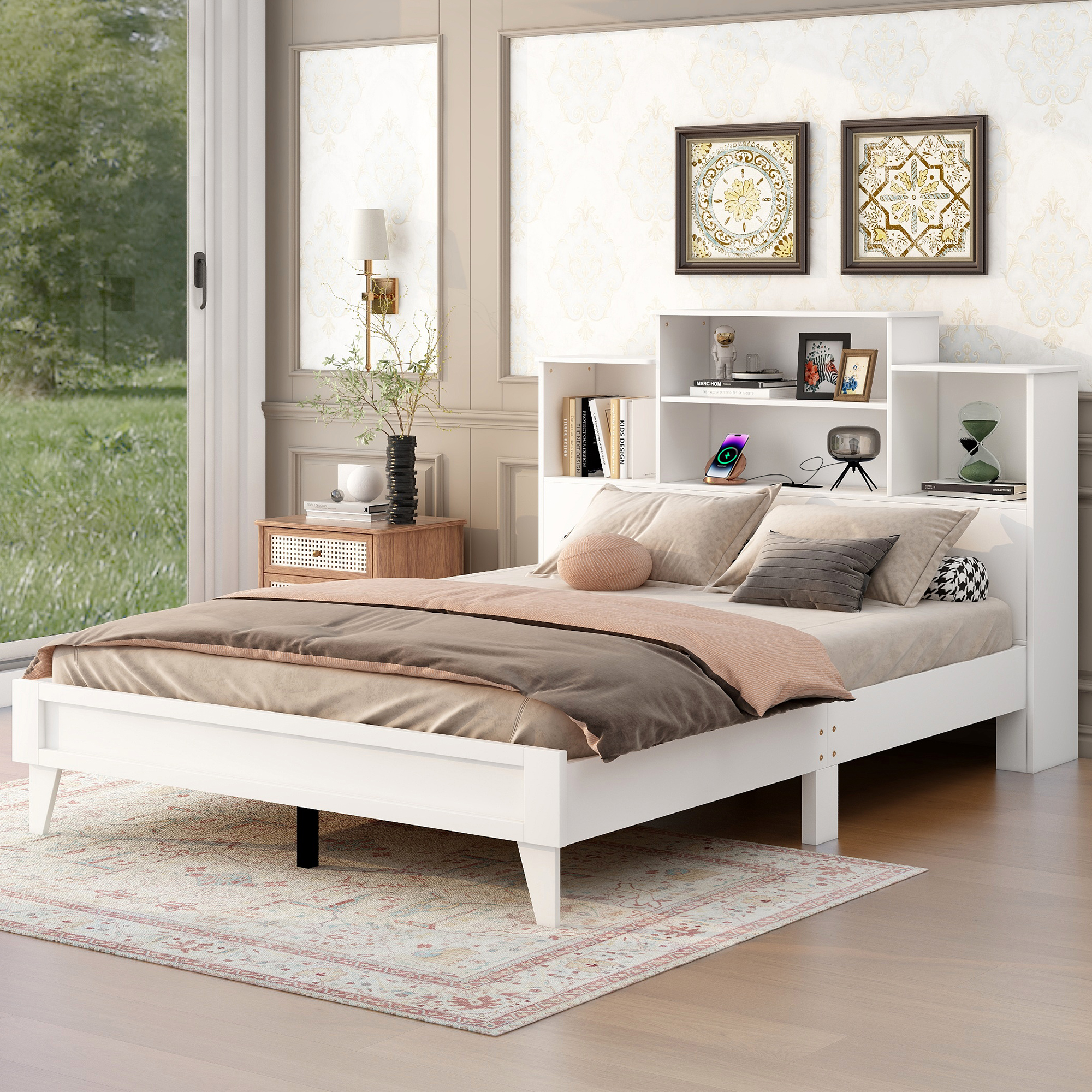 Queen Size Storage Platform Bed Frame with 4 Open Storage Shelves and USB Charging Design,White 