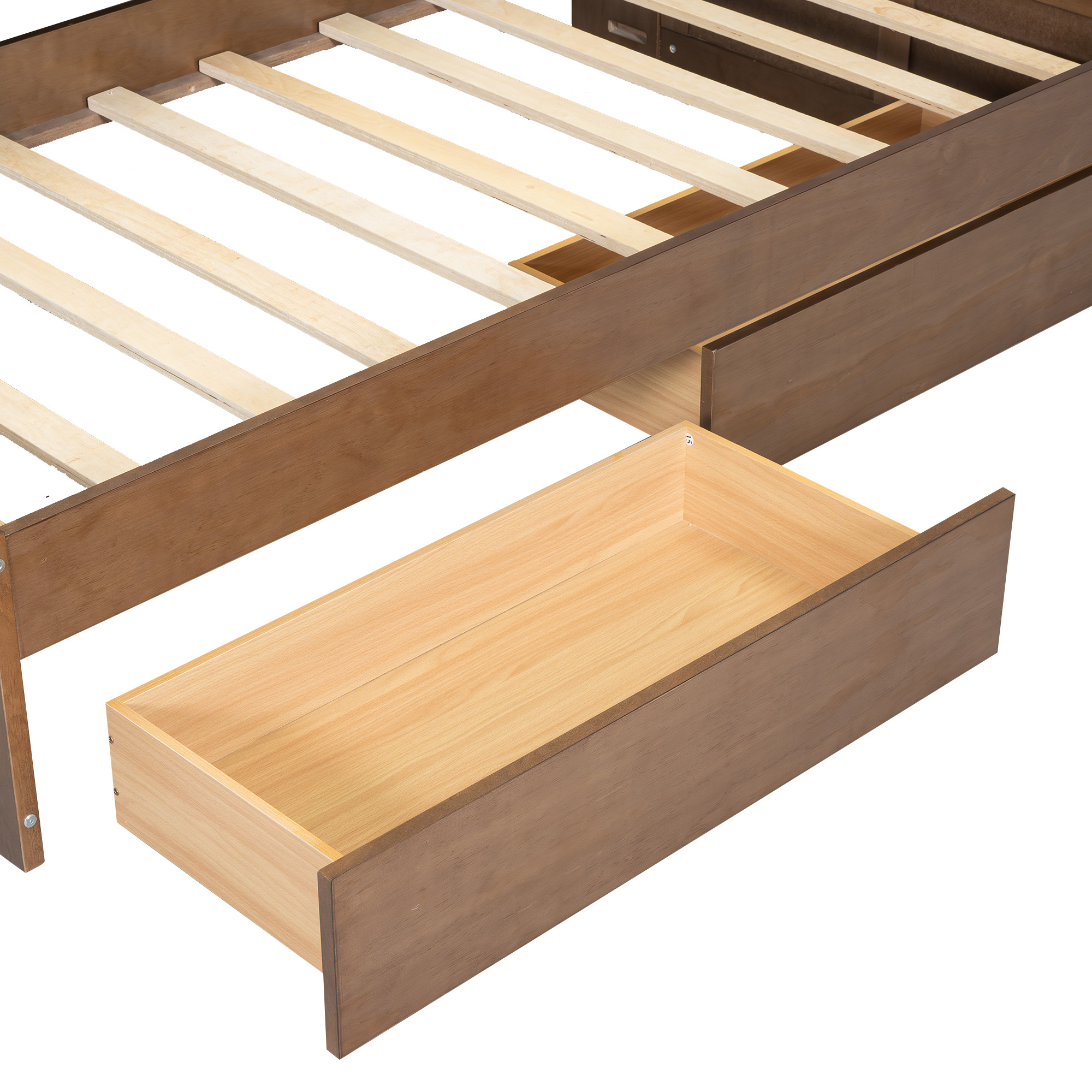 Full/Twin Size Wood Daybed with Upholstered Storage Shelves, USB Ports and 2 Drawers, Wood Color 