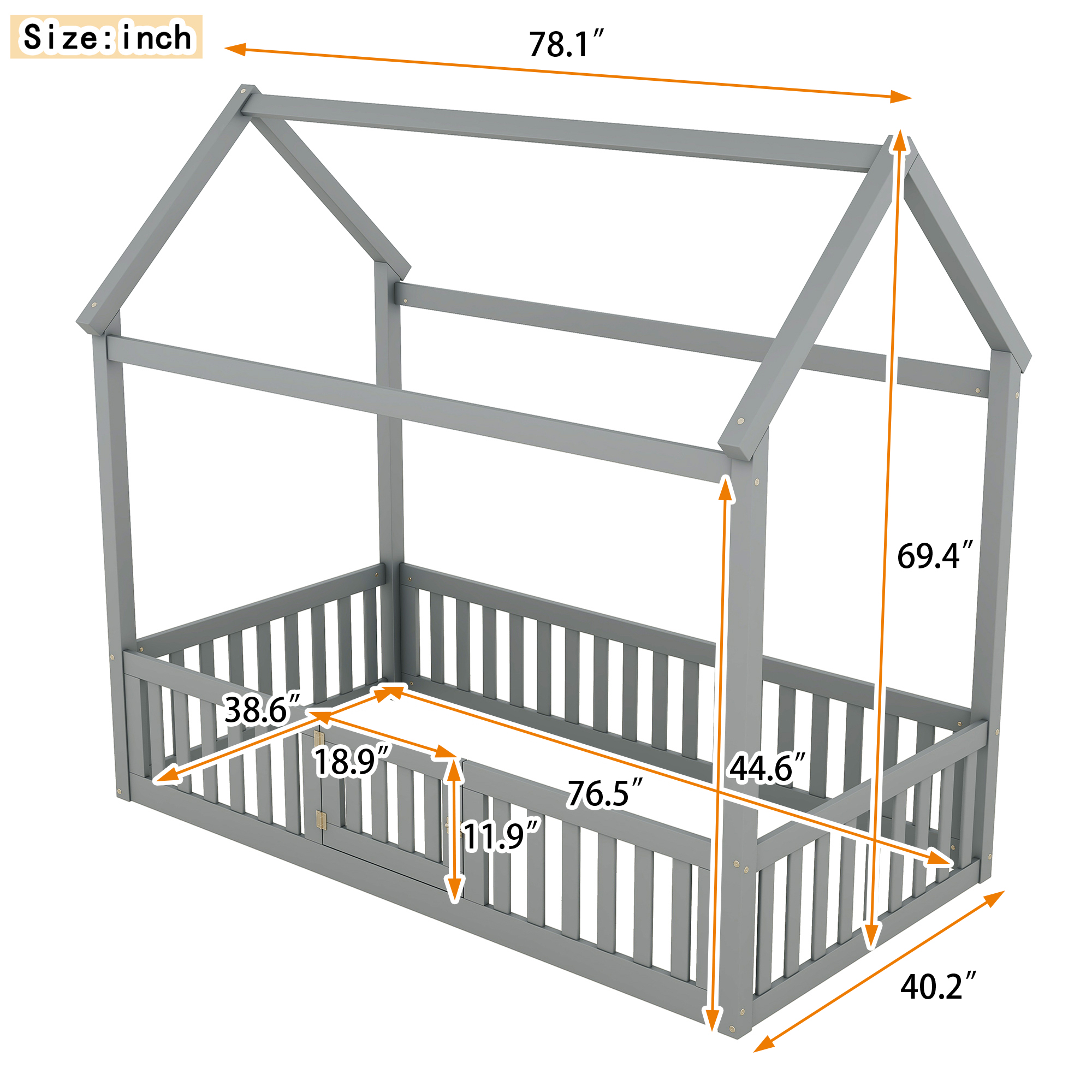 Twin/Full Size Wood House Bed with Fence and Door, Gray/White