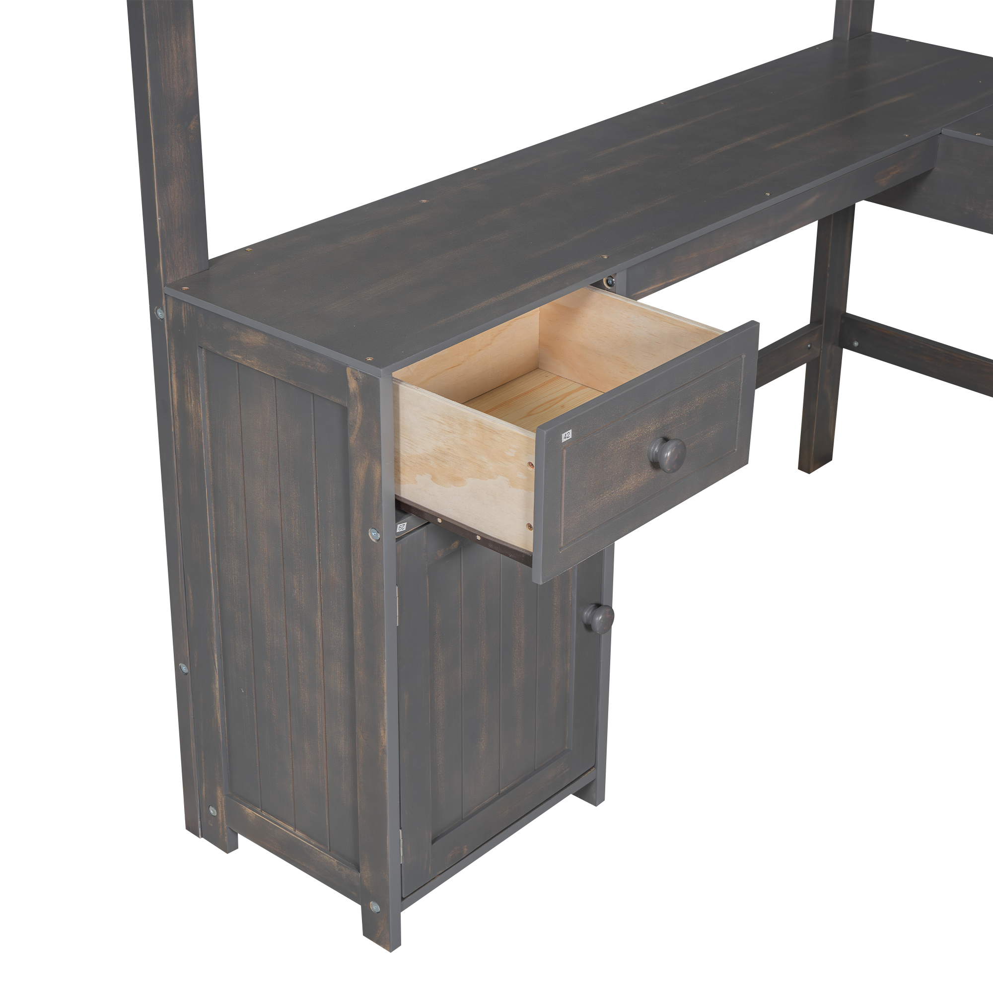 Full/Twin Size Loft Bed with U-shaped Desk, Drawers and Storage Shelves, White/Antique Brown 