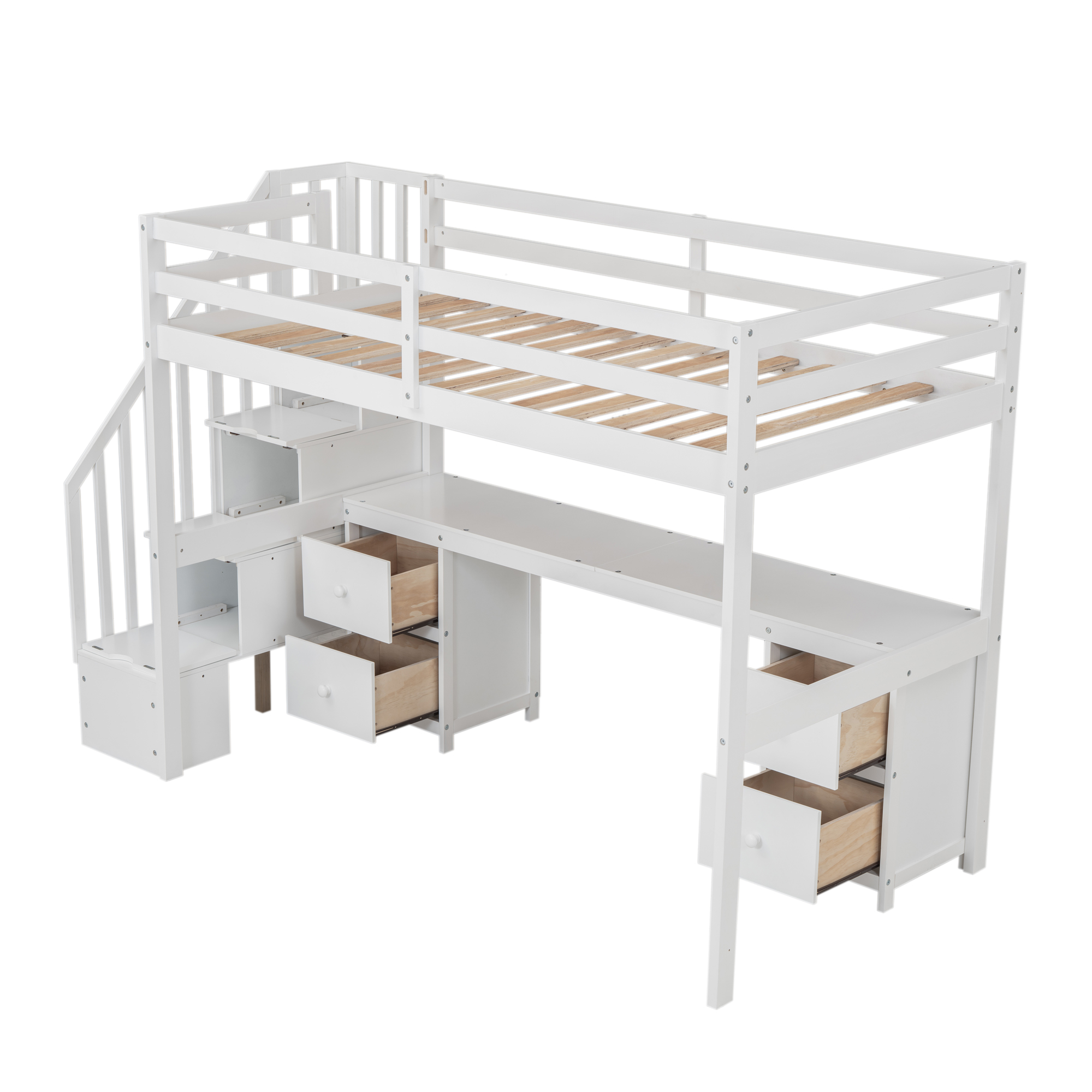 Twin Size Loft Bed Frame with Built-in Desk and Double Storage Drawers,White/Gray