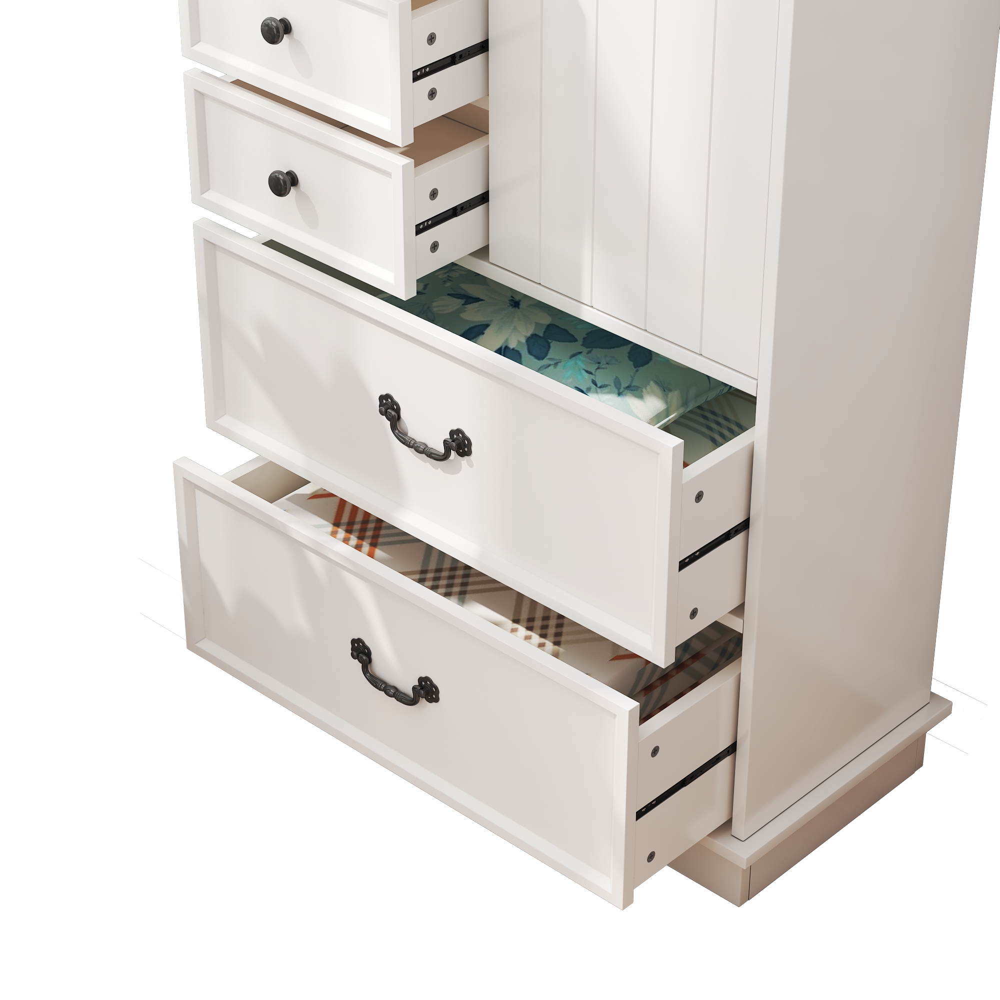 51'' Farmhouse Drawer Chest with Sliding Door, Multi-Storage Drawer Dresser with 5 Drawers and Storage Shelf, Tall Chest of Drawers with Adjustable Shelves for Bedroom, Living room 