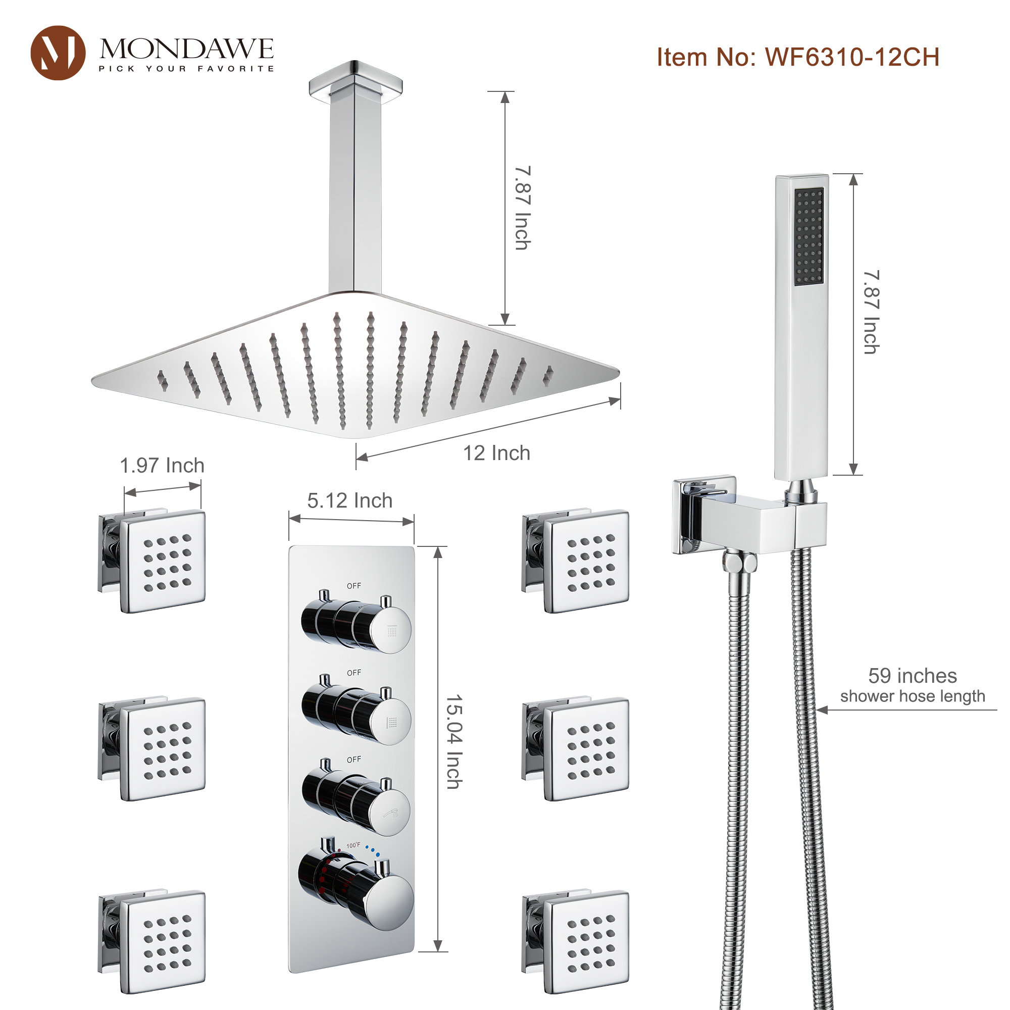 Mondawe Ceiling Mount Thermostatic Rainfall Shower System Set with Hand Held Shower Head and 6 Body Jets-Mondawe