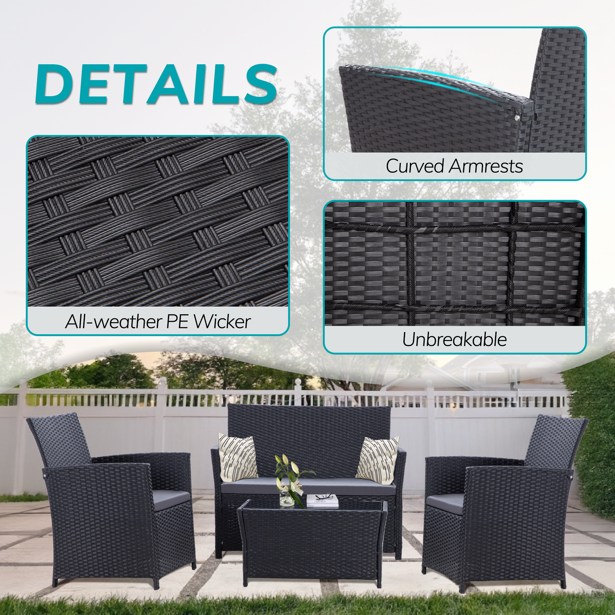 4-Piece PE Rattan Patio Furniture Set – Double Sofa, 2 Armchairs, Coffee Table with Cushions, Weather-Resistant Outdoor Conversation Set, Brown-Blue/Gray/Black-Gray/Black-Blue