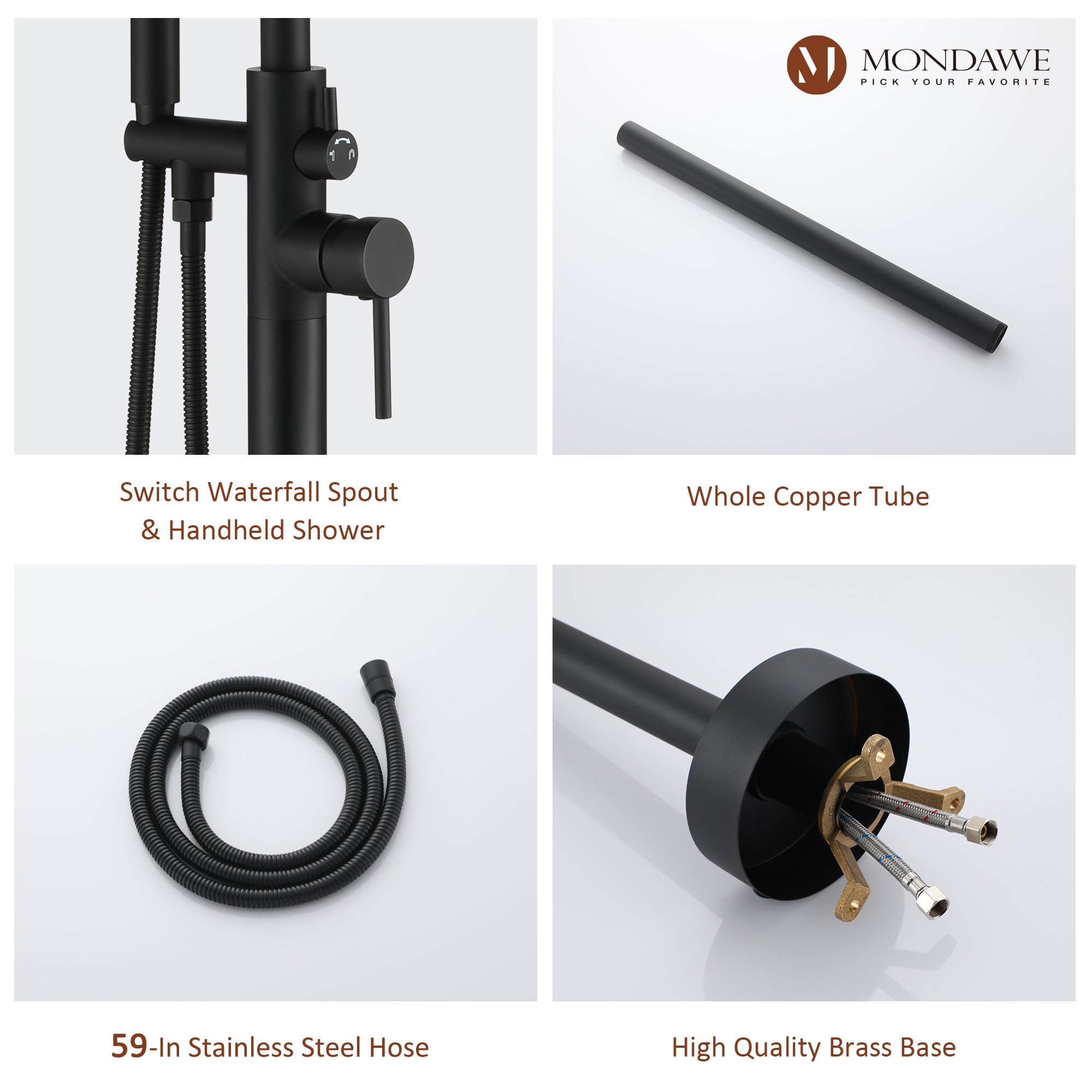 Mondawe Freestanding Shower Head For Matte Black Bathtub Faucet With Solid Brass Body-Mondawe