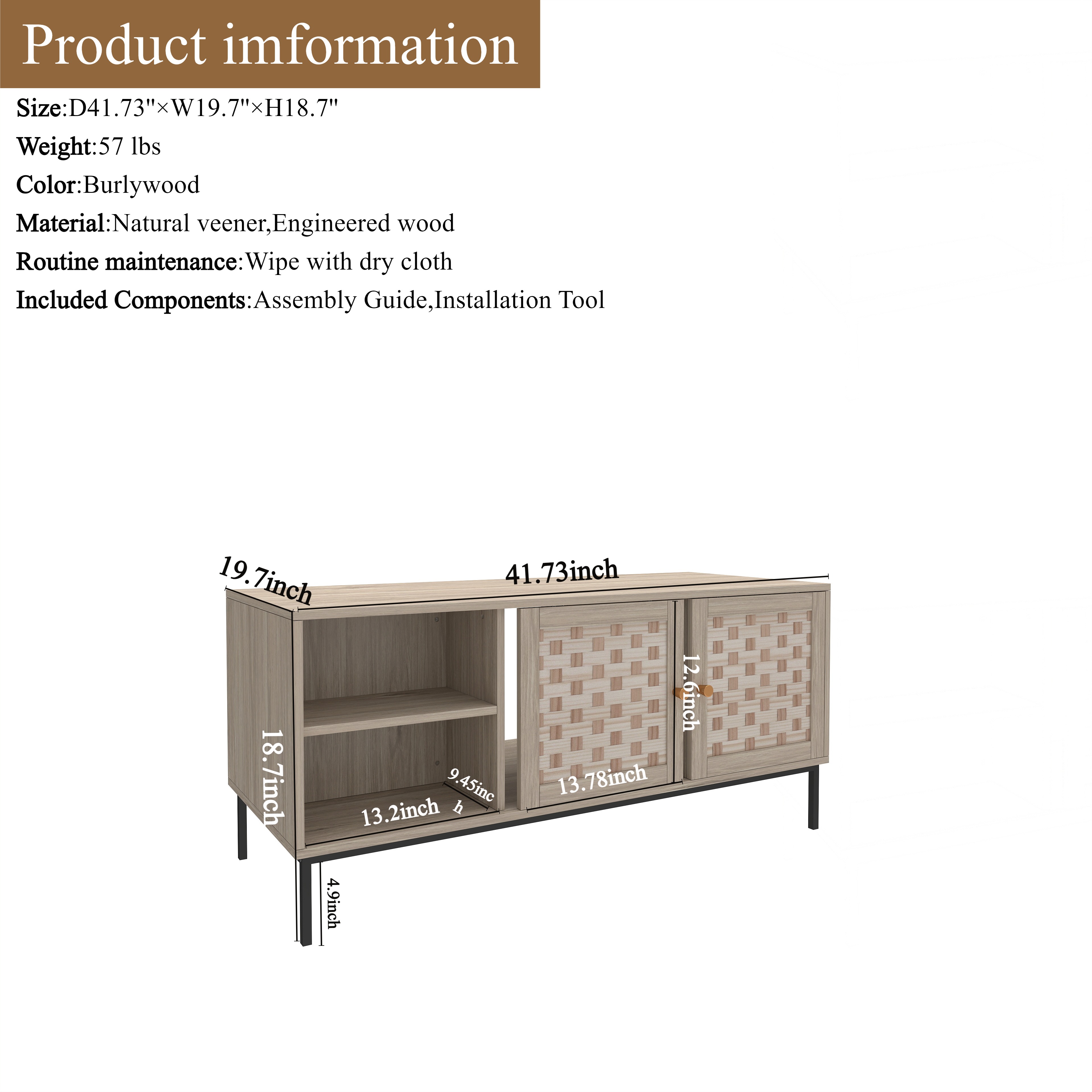 Elegant Veener Weaving Design Coffee Table with 4 Sliding Door, Wooden Center Rectangular Table with Symmetrical Design Storage Cabinet 