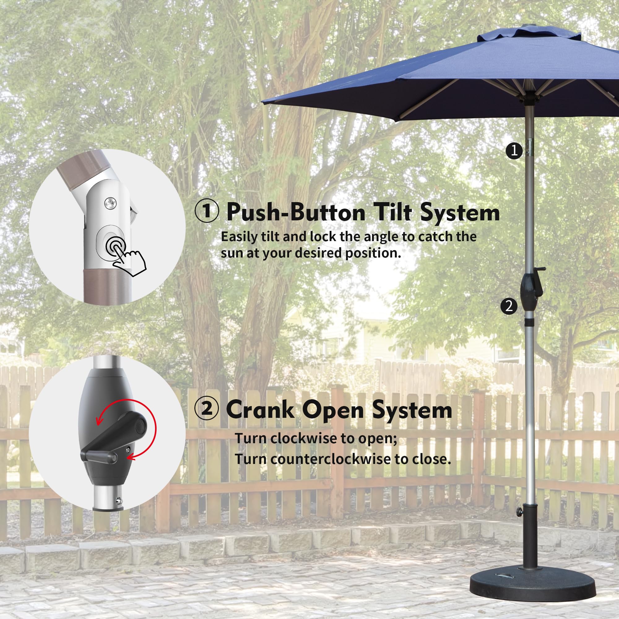 7.5FT Patio Umbrella, Outdoor Table Umbrella with Push Button Tilt and Crank, UV Protection Waterproof Market Sun Umbrella with 8 Sturdy Ribs for Garden, Deck, Backyard, Pool (Beige/Brick red/Navy Blue/Gray)