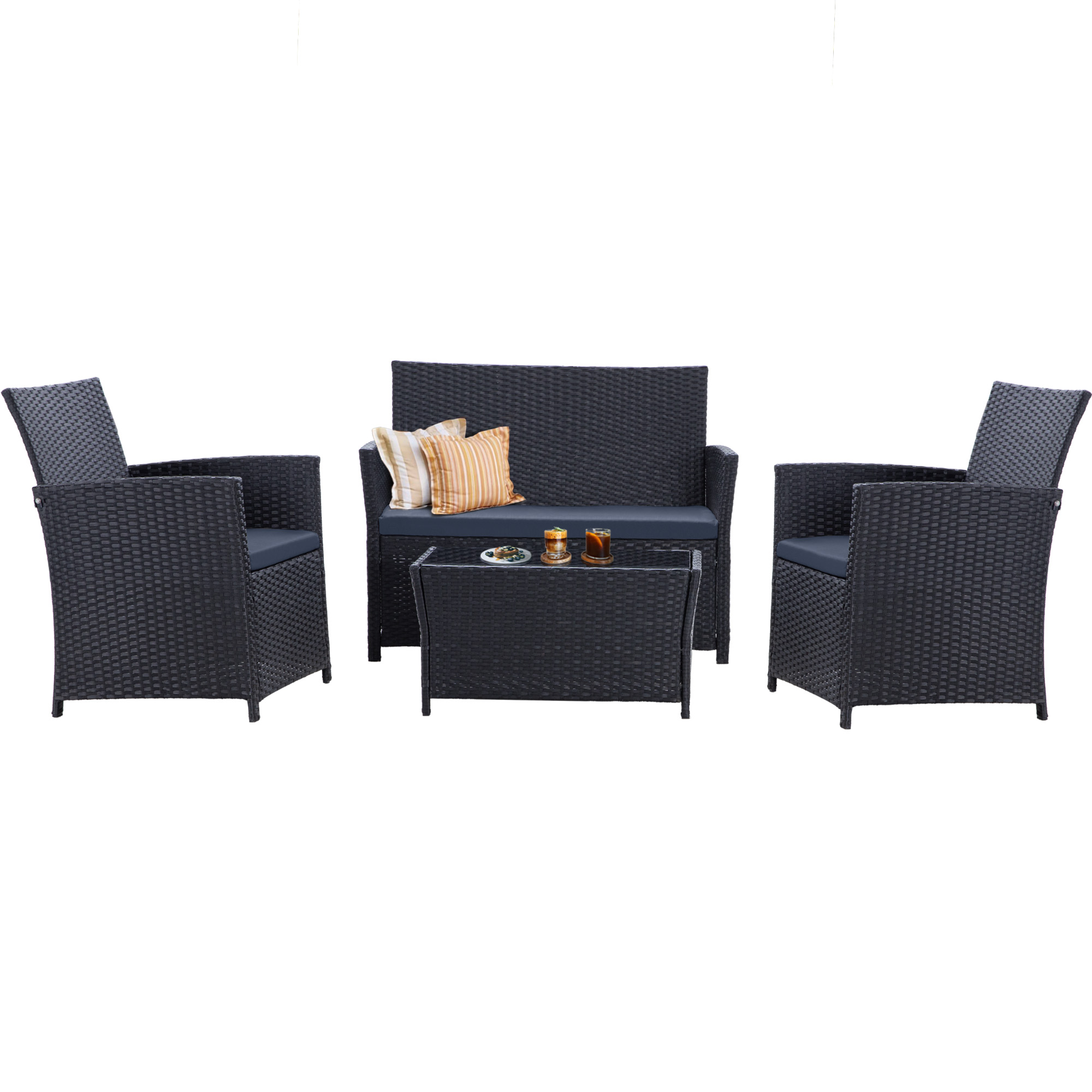 4-Piece PE Rattan Patio Furniture Set – Double Sofa, 2 Armchairs, Coffee Table with Cushions, Weather-Resistant Outdoor Conversation Set, Brown-Blue/Gray/Black-Gray/Black-Blue