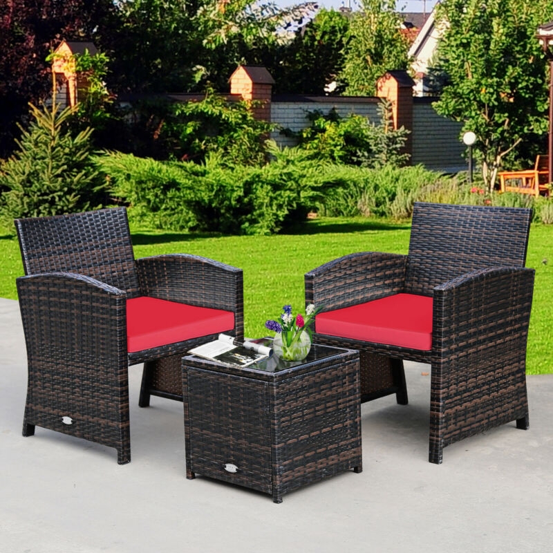 Mondawe 3 Pieces PE Rattan Wicker Furniture Set with Cushion Sofa Coffee Table for Garden-Red-Mondawe