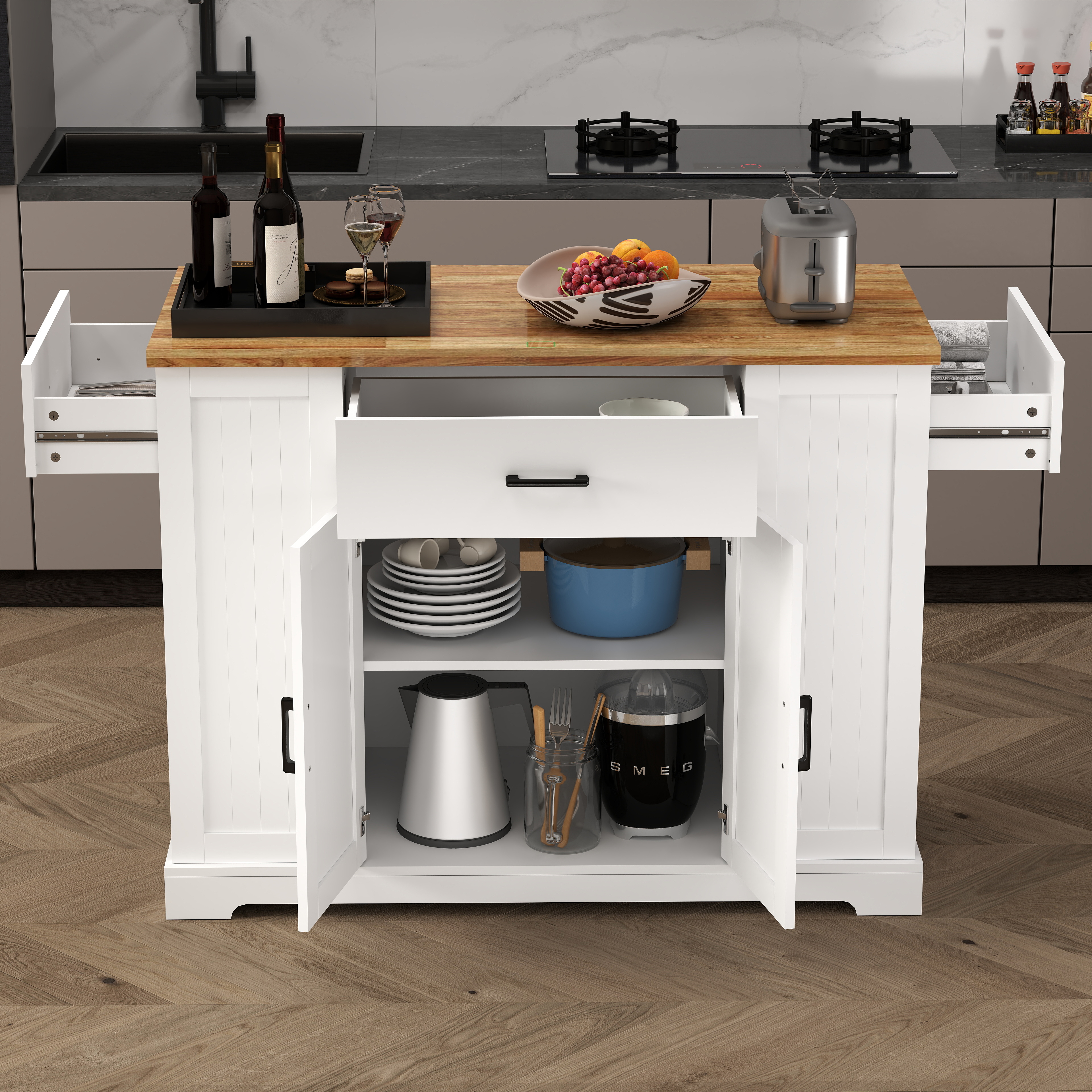 46.2'' Multi-Storage Kitchen Island with Rubber Wood Tabletop, Large Farmhouse Kitchen Cart with Adjustable Shelves and Drawers, Dinning Table Bar with Storage Cabinet for Kitchen 