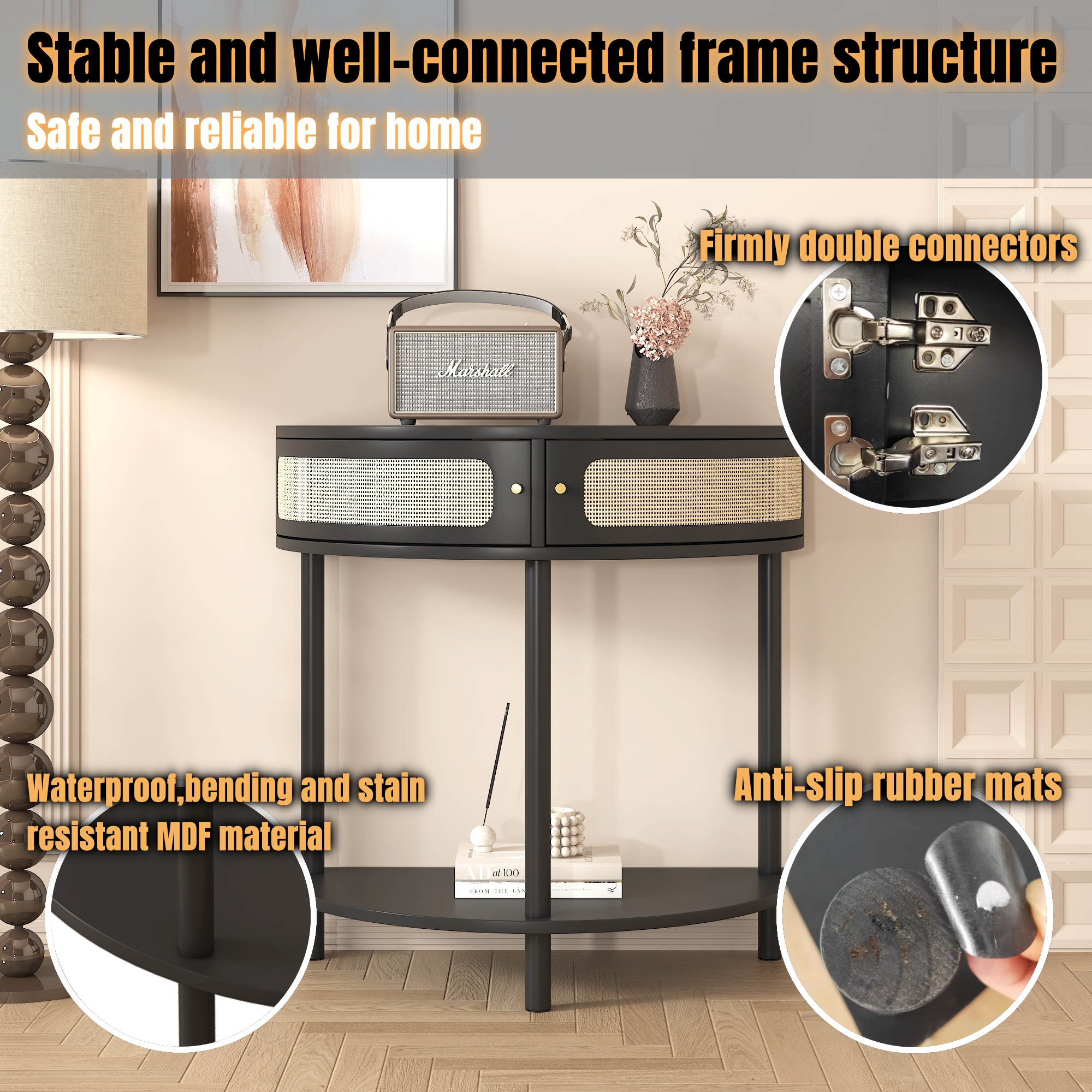 Unique Half Moon Design End Table with Sliding Rattan Door,Elegant Semi-circle Entryway Console Table with 2 Rattan Storage Cabinet and Bottom Shelf for Living room, Bedroom, Study, Hallway 