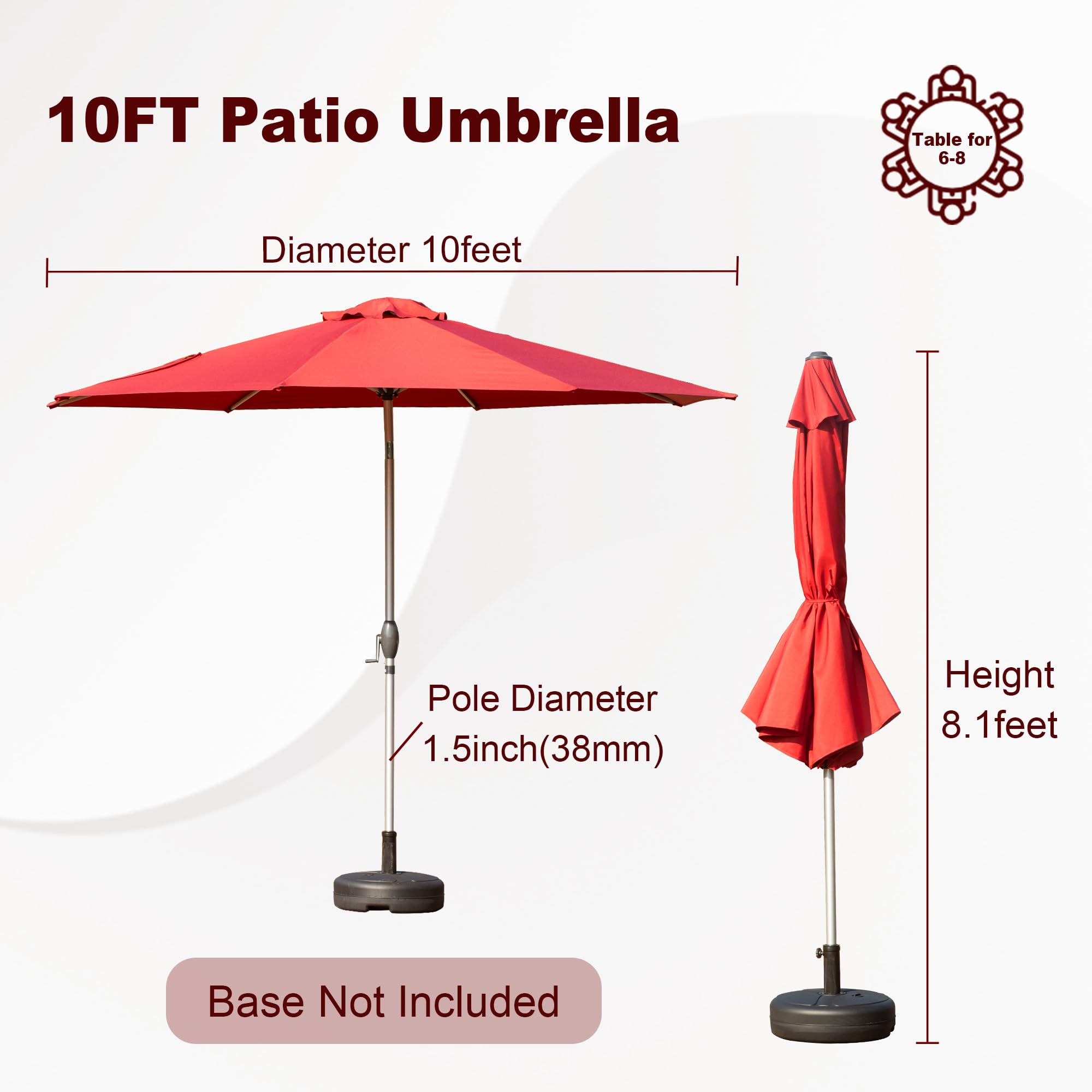 10FT Patio Umbrella, Outdoor Table Umbrella with Push Button Tilt and Crank, UV Protection Waterproof Market Sun Umbrella with 8 Sturdy Ribs for Garden, Deck, Backyard, Pool (Brick red /Navy Blue /Gray)
