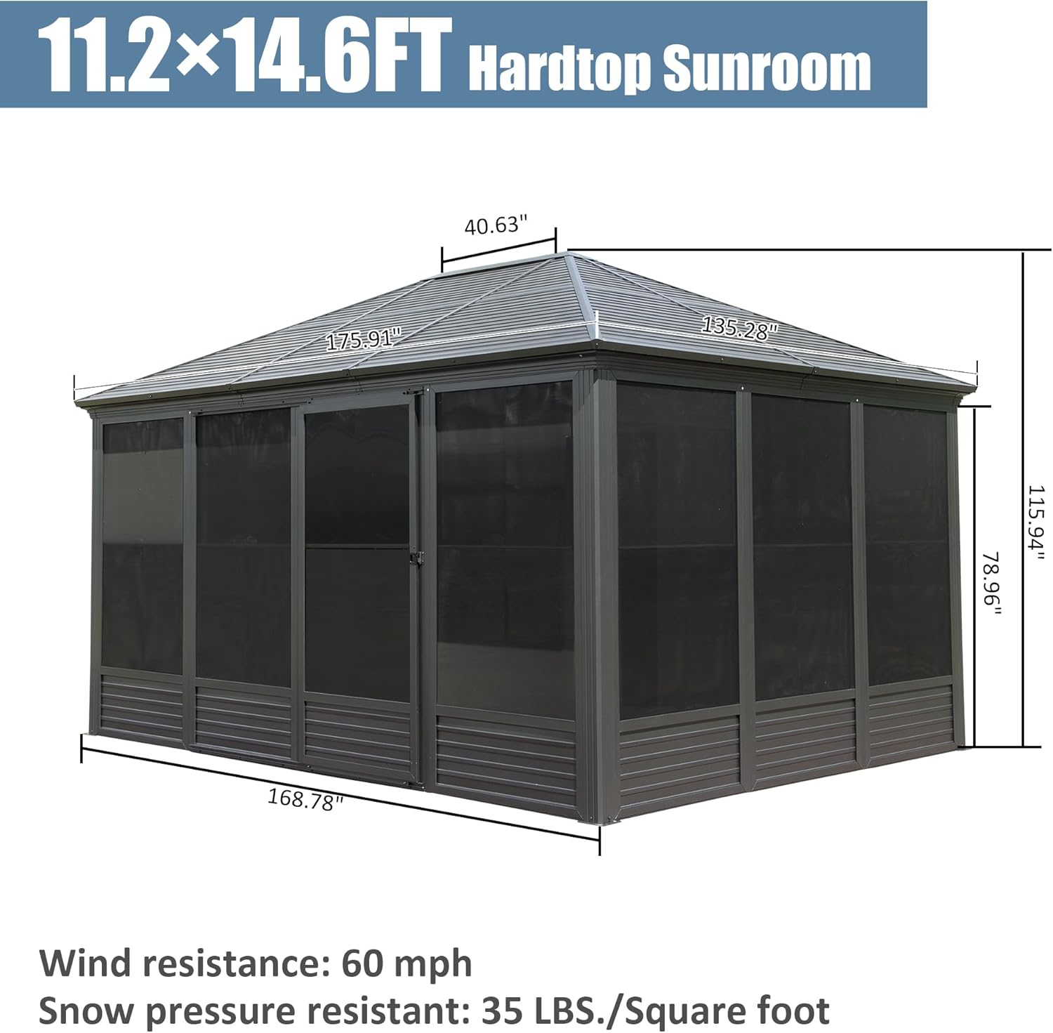 Four Season Solarium Aluminum Hardtop Gazebo with Galvanized Steel Roof, Movable PVC Screen Walls, Sliding Doors, Sun Room Pavilion Gazebo for Patio Deck Backyard, Gray