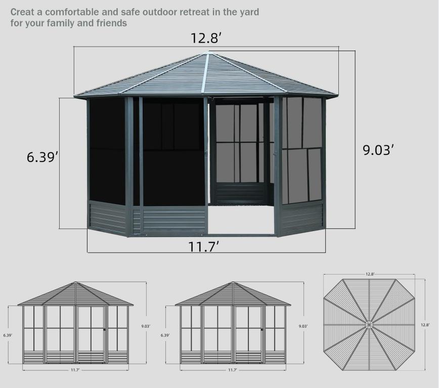 12 x 12 FT Sunroom Octagonal Solarium,Screen Houses for Outdoors Backyard with Lockable Sliding Door,Moveable PC Screen,Galvanized Steel Sloping Roof