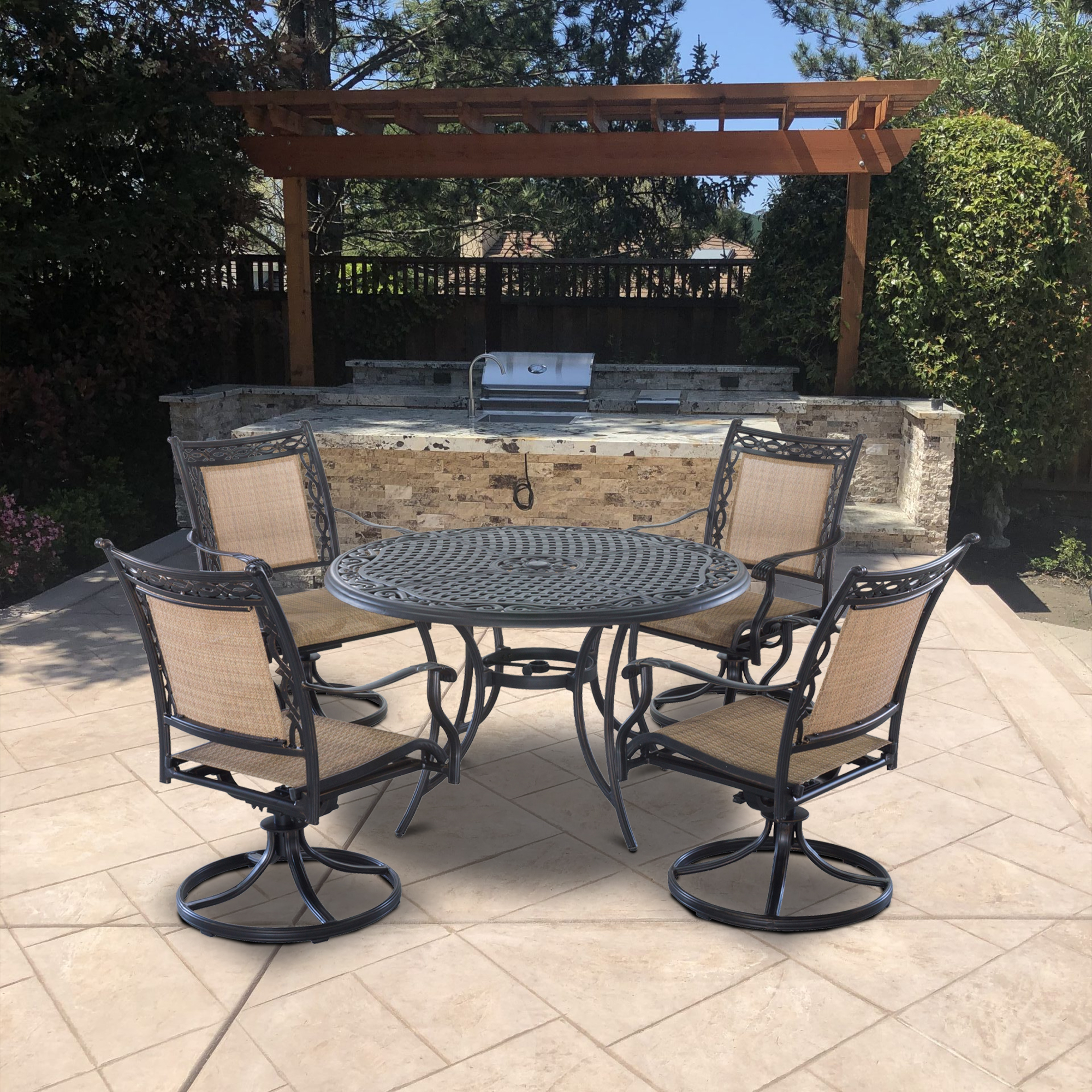 Mondawe 5-Piece Outdoor Patio Cast Aluminum Swivel Chair Set with Round Table(Brown)-Mondawe