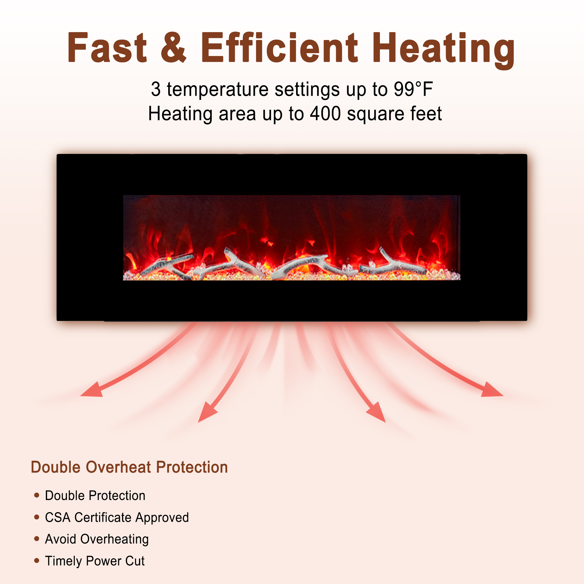 5120 BTU 42/50/60/72 in. Wall-Mounted Black Electric Fireplace Insert with 2-Speaker Stereo Sound