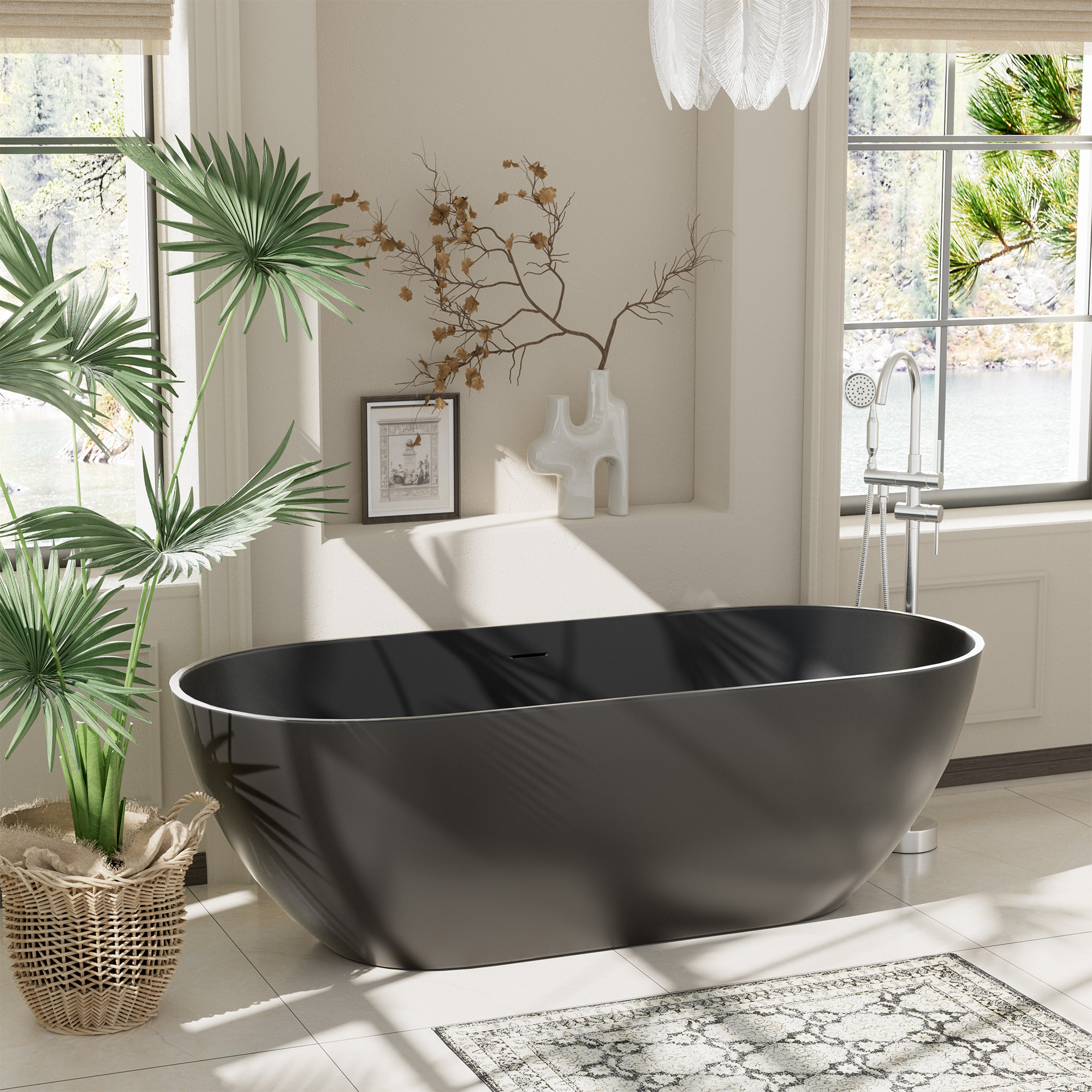 Oval Freestanding Bathtub in Matte Black with Drain