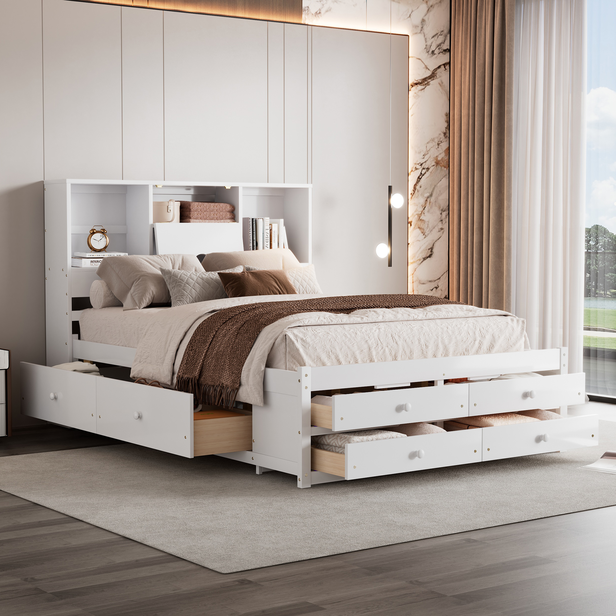 Queen/King Size Platform Bed with Storage Headboard and 8 Drawers, White/Gray