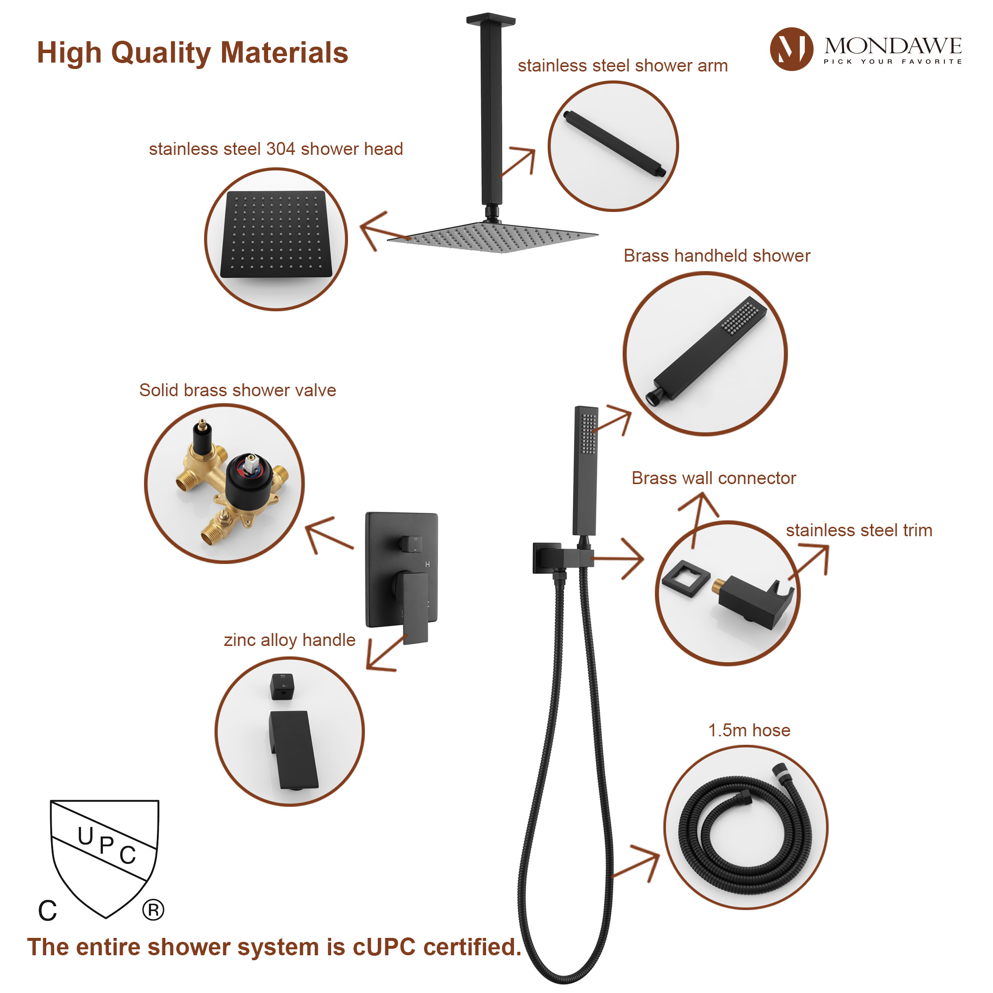 Mondawe 10 Inch Square Bathroom Shower Set(black, chrome, gold, nickel,  gun black)-Mondawe
