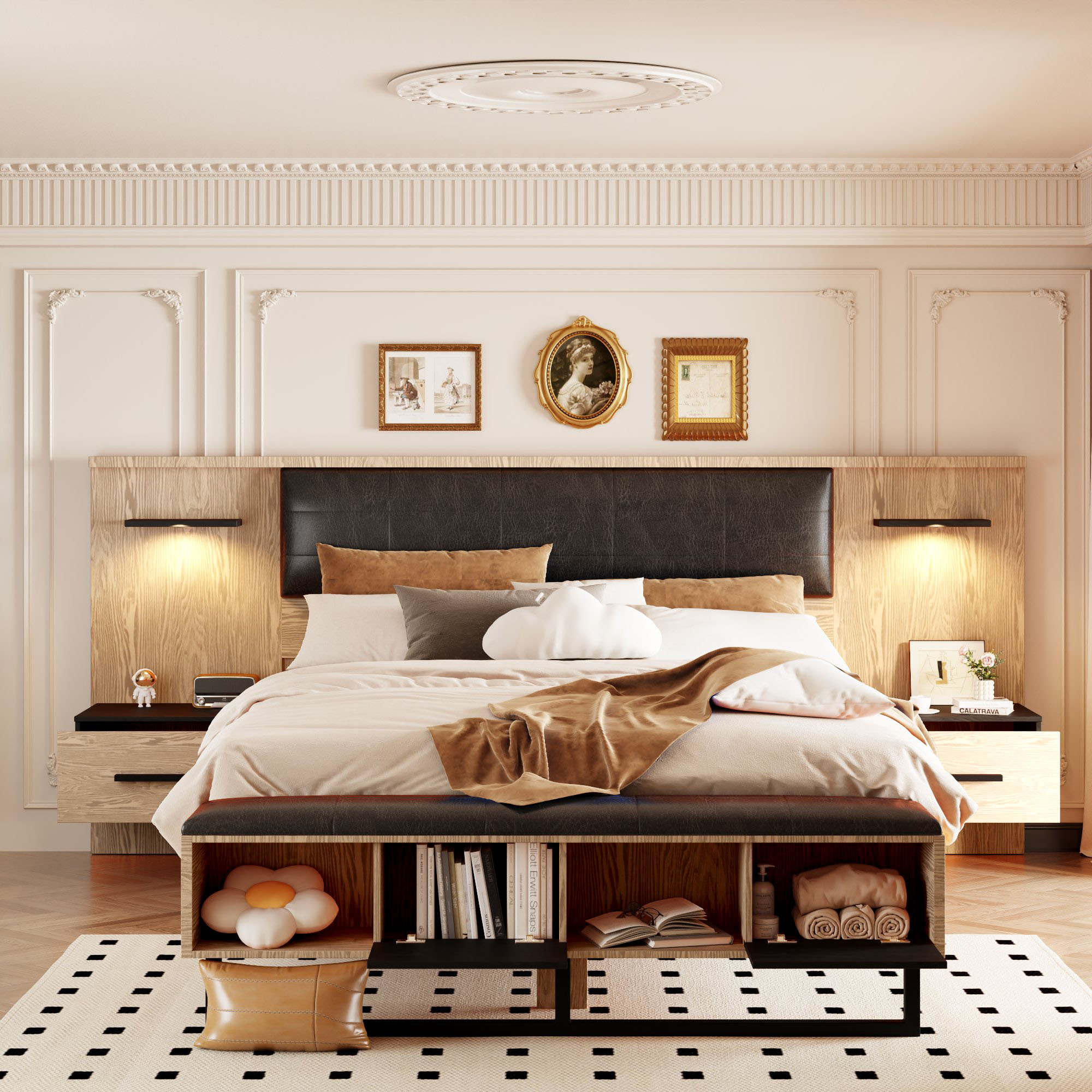 Queen Size Wood Platform Bed with Upholstered Headboard, Lights and Storage Nightstand, Bench, Walnut 