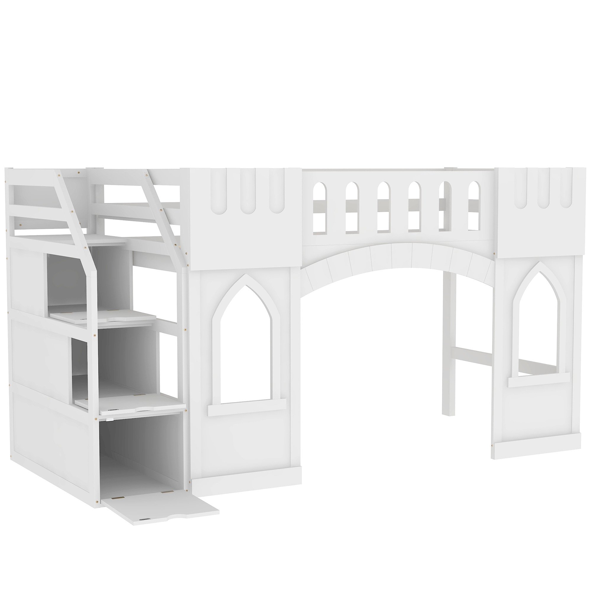 Twin Size Loft Bed with Storage Staircase and Window, White/Pink