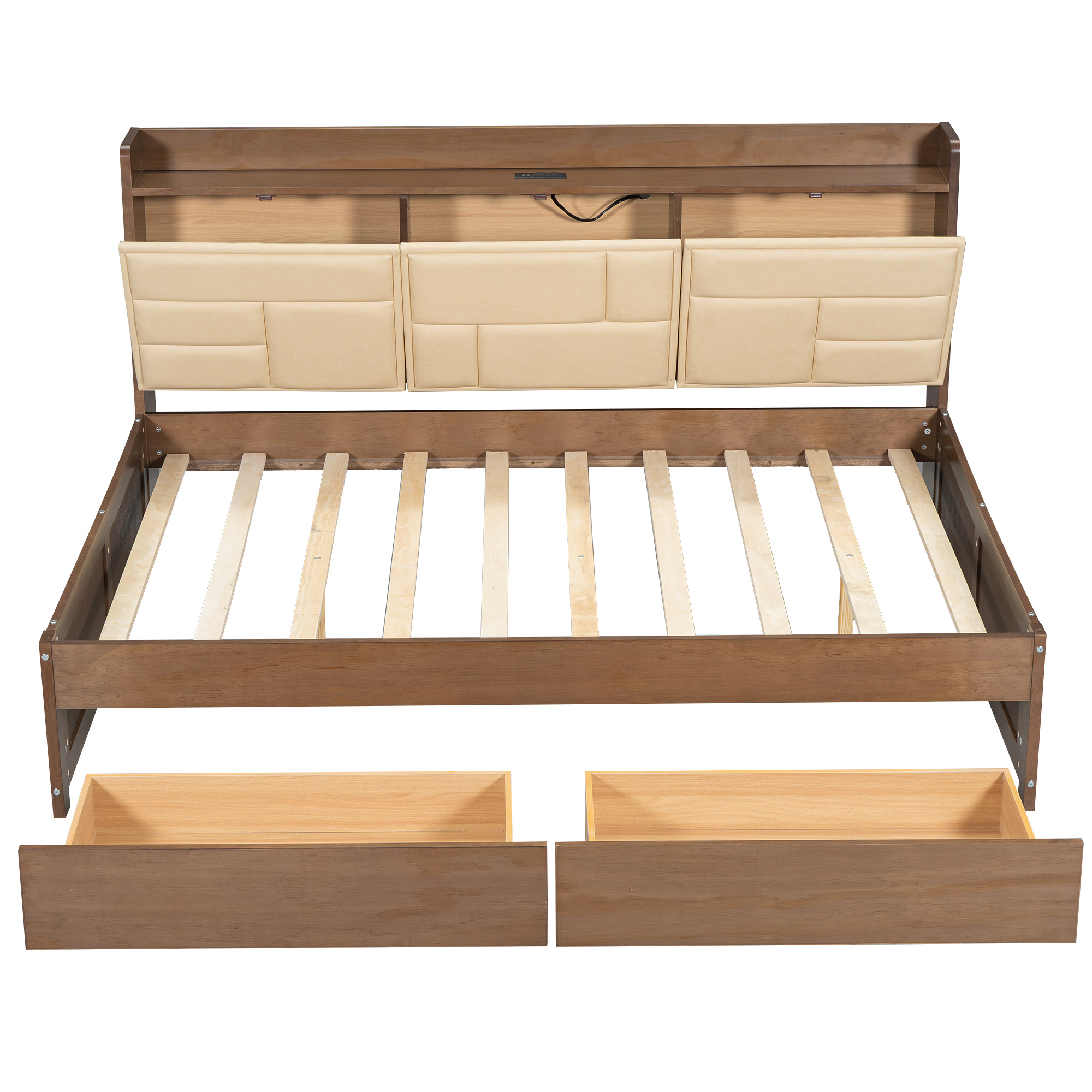 Full/Twin Size Wood Daybed with Upholstered Storage Shelves, USB Ports and 2 Drawers, Wood Color 